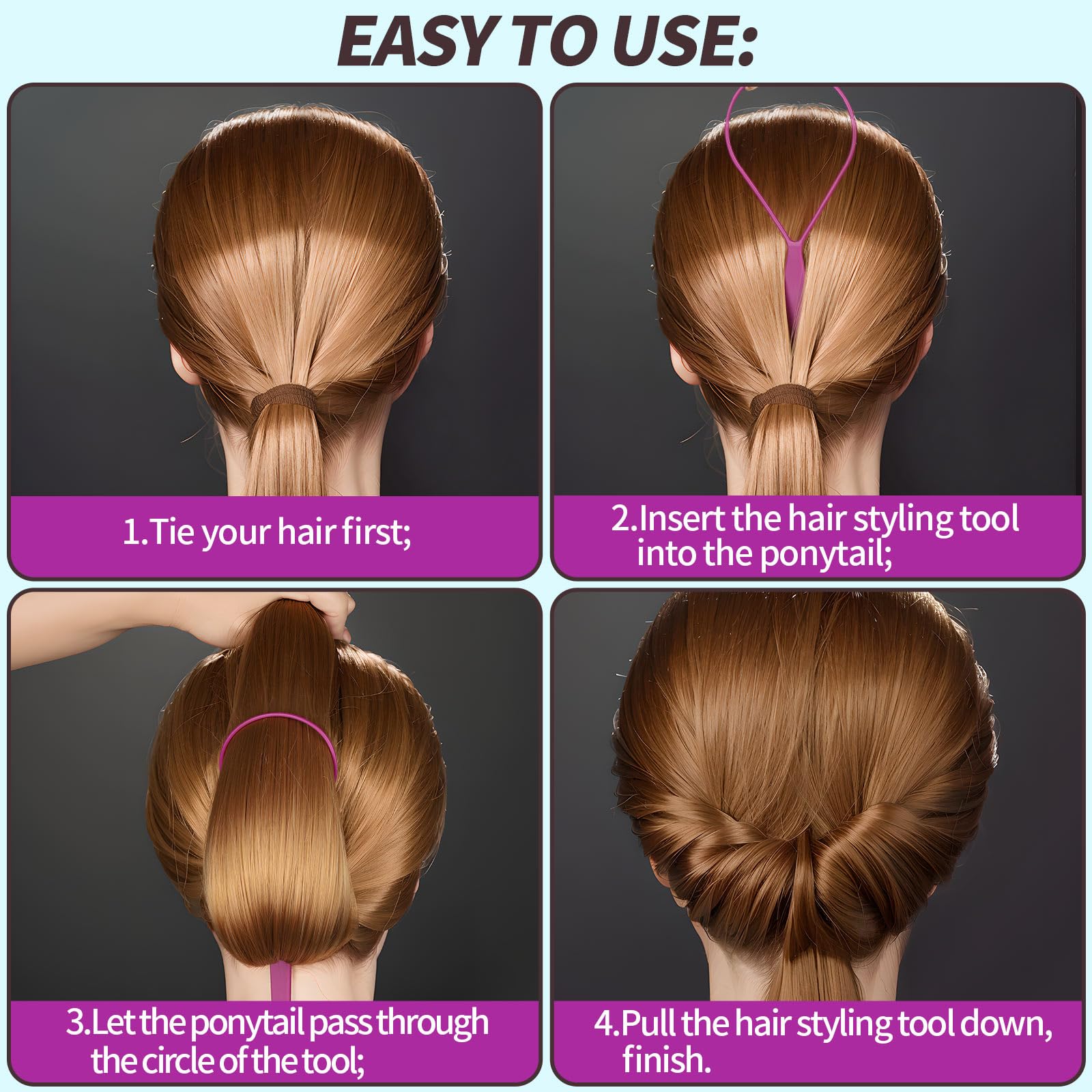 Teenitor 4pcs Pony Hair Tail Tools, 2 Pairs Hair Loop Styling Tool Hair Flipper Pull Through Tool, French Braiding Hair Tool Hair Accessories for Women Girls, Loop Hair Tool, Light Blue/Light Pink