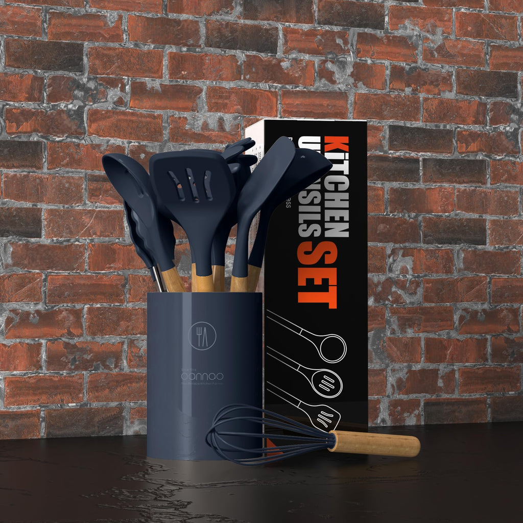 oannao Silicone Cooking Utensils Set - 446°F Heat Resistant Silicone Kitchen Utensils for Cooking,Kitchen Utensil Spatula Set w Wooden Handles, BPA FREE Gadgets for Non-Stick Cookware (Black)