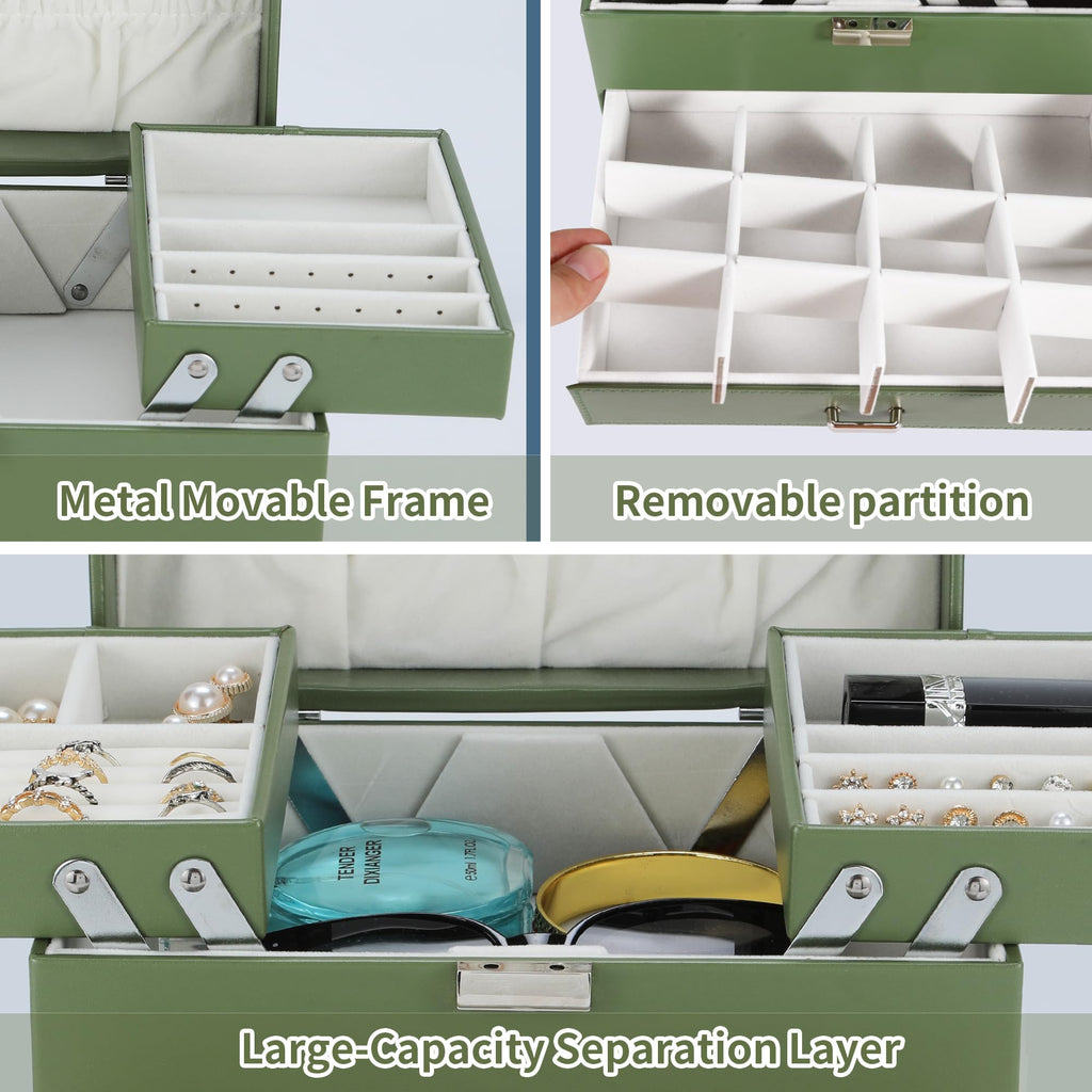 Dajasan Jewelry Organizer Box, Large Jewelry Boxes for Women Girls, Space-Saving 4 Layers Jewelry Storage Case with Drawer, Movable Metal Stand, Modern, Gift Idea (Green)