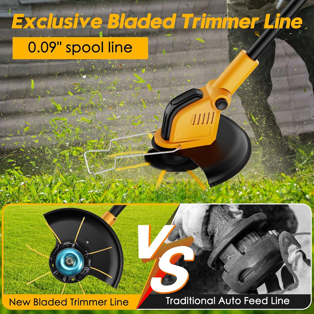 Cordless Weed Eater Battery Powered 6000mAh, 4-in-1 Brush Cutter Heavy Duty/Weed Trimmer/Lawn Mower Edger W/Wheel Metal Blade, 2 Battery Garden Yard Tool