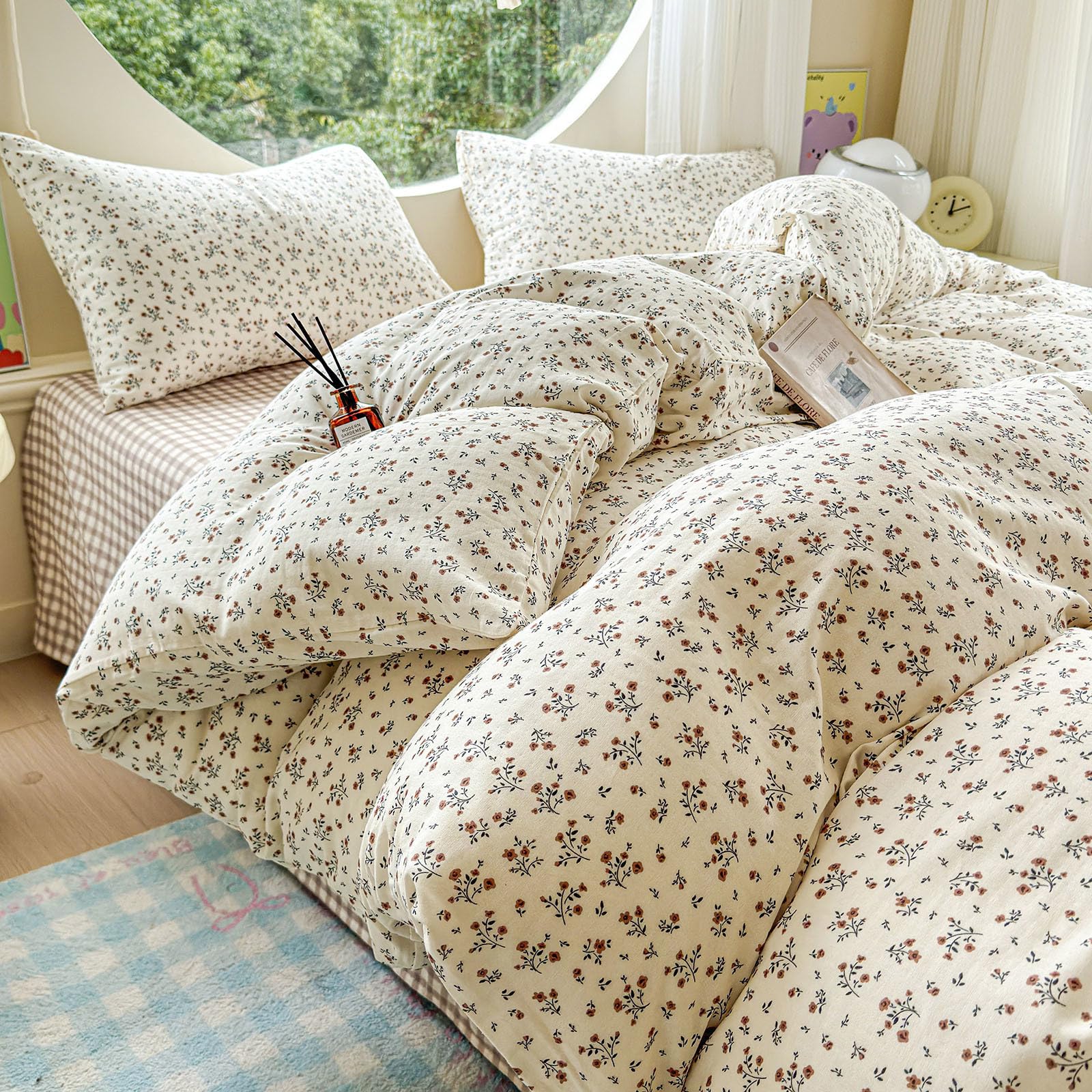Pink Flower Duvet Cover Twin Chic Floral Print Ruffle Duvet Cover Cotton Lace Comforter Cover Country Style Floral Bedding Set Romantic Ruffle Comforter Cover Flower Bedding Cover with 2 Pillowcases
