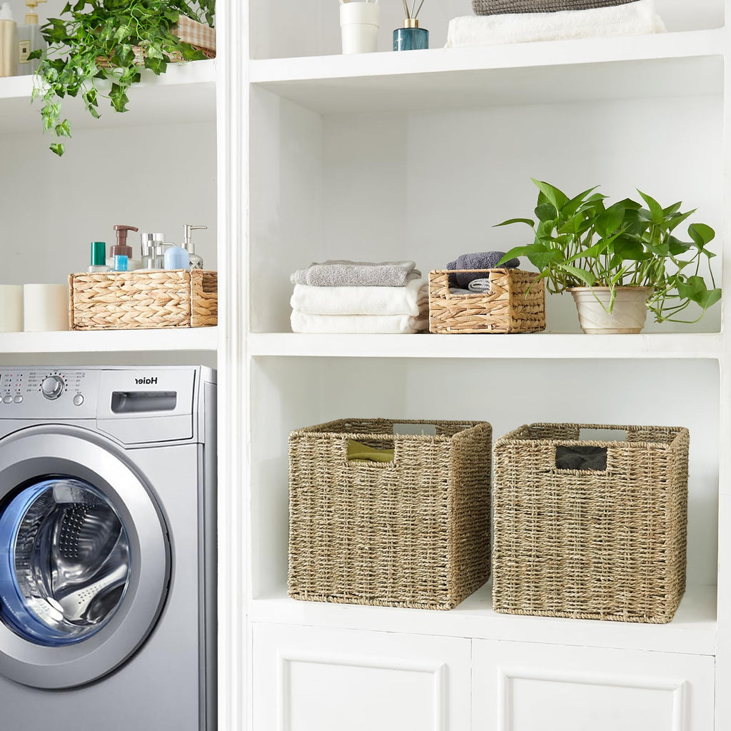Vagusicc Wicker Storage Basket, Set of 2 Seagrass Storage Baskets, Foldable Wicker Basket 9 Inch Square Cube Storage Bins Storage Baskets for Organizing Shelf Baskets, 9''x9''x9''