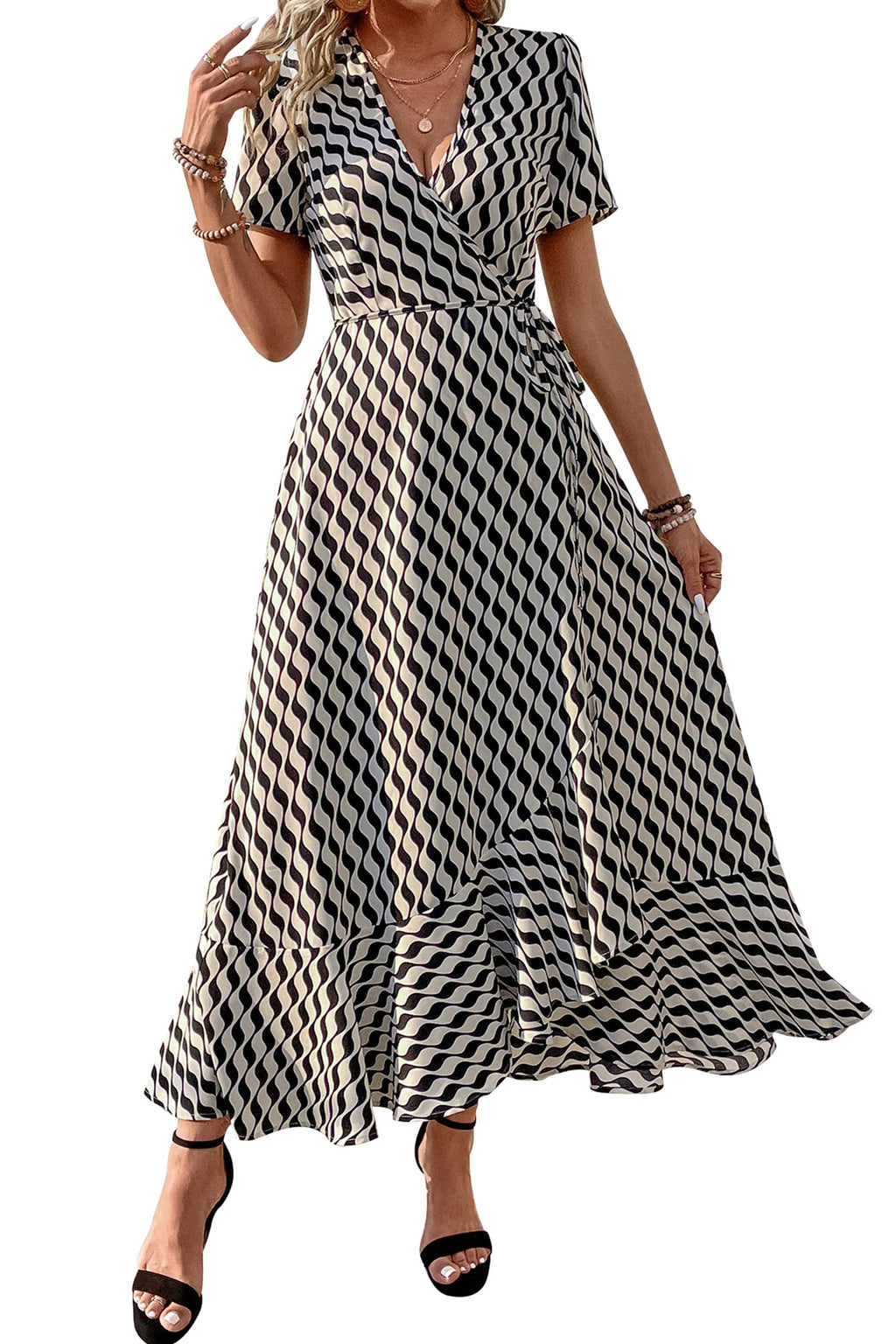 PRETTYGARDEN Women's Boho Floral Maxi Dress Summer Short Sleeve Wrap V Neck Long Flowy Beach Vacation Wedding Guest Dresses