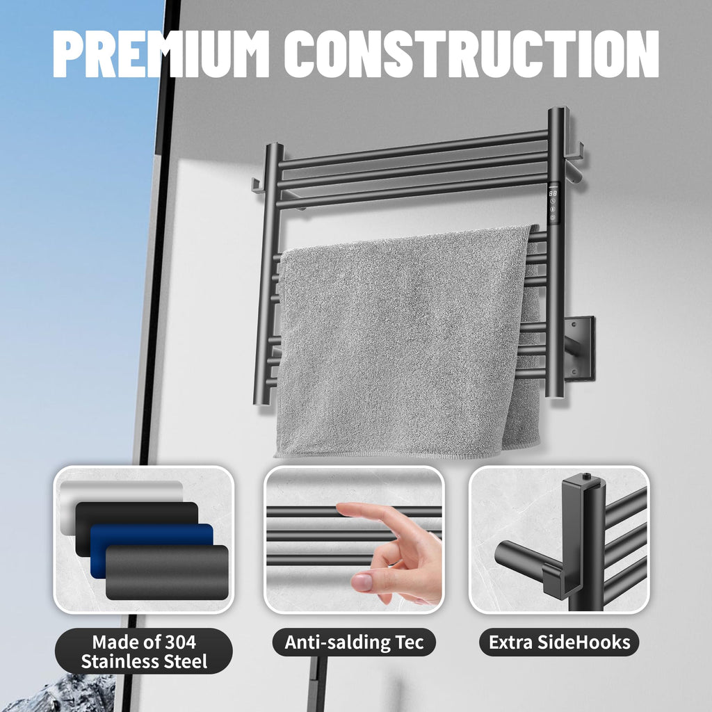 K&KALONZO Wall-Mounted 9-Bar Heated Towel Rack, Fast Heat in 2 Min, NTC Safety | 4 Timers & 3 Heat Levels Control, Plug-In/Hardwired, Top Hooks, Memory Function, Anti-Scald, Stainless Steel, EL13ML