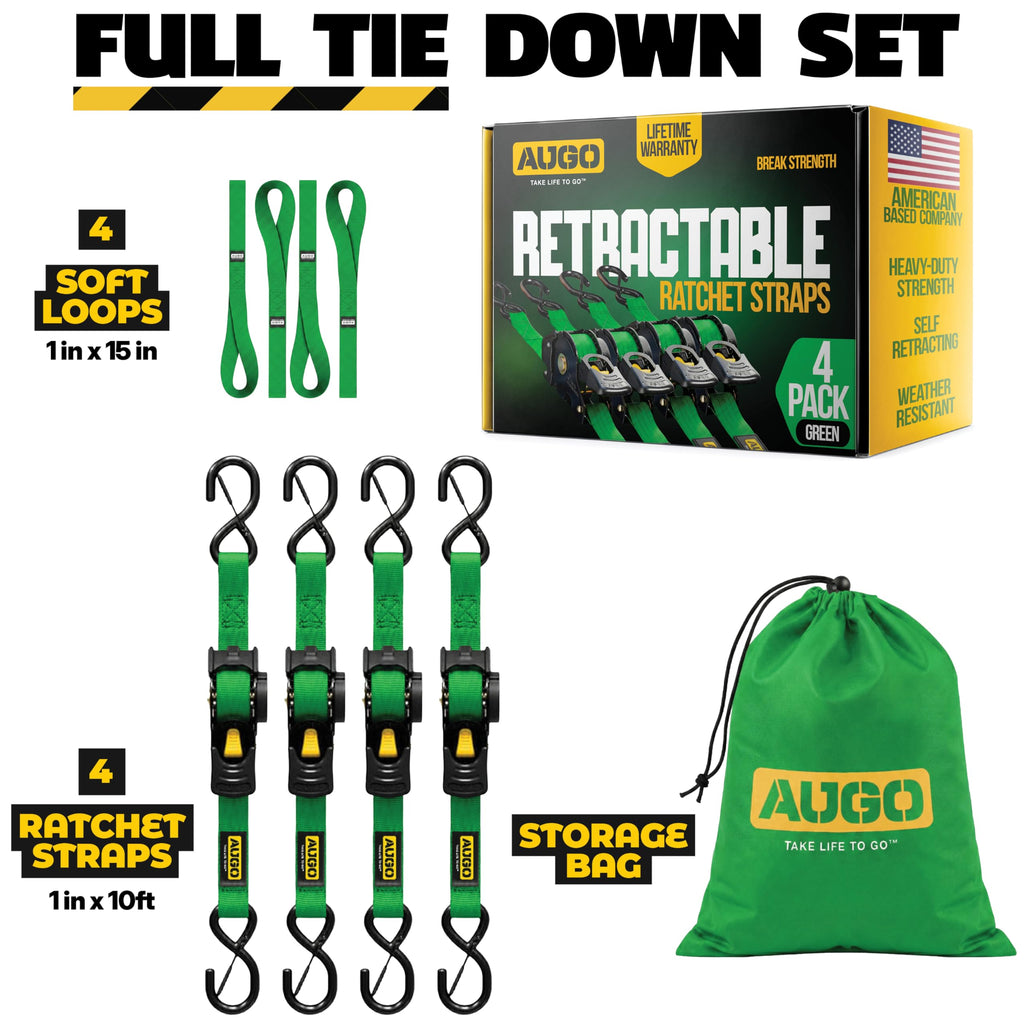 AUGO Retractable Ratchet Straps | 2 Heavy Duty Ratchet Straps Self Retractable Tie Downs with Soft Loops & Storage Bag for Motorcycle, Truck, Trailer, Cargo Van | 1200 Lb Break Strength 1” x 10’