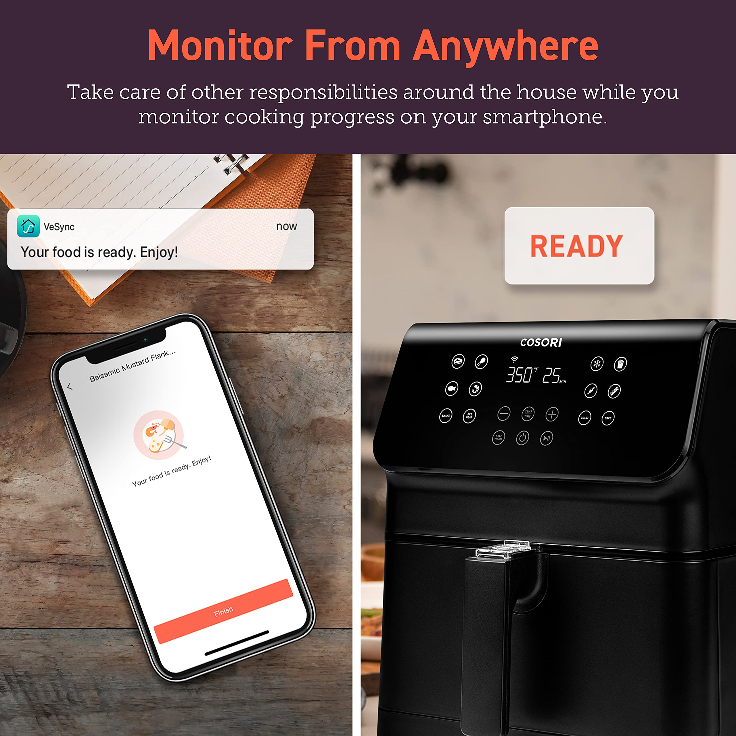 Cosori 12-in-1 Air Fryer 5.8QT, Toast, Bake, Nutrition Facts for 100+ In-App Recipes, AdaptIQ Tech Fast Cook, for Main & Side Dishes, Snacks, Leftovers, Detachable Square Basket, Dishwasher Safe