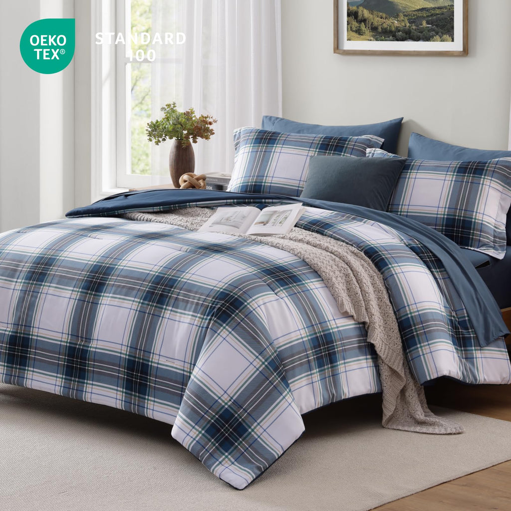 MaiRêve Queen Comforter Set, Classic Plaid Farmhouse Bedding Sets 7 Pieces, Beige All Season Bed in A Bag with Sheets, Pillowcases & Shams