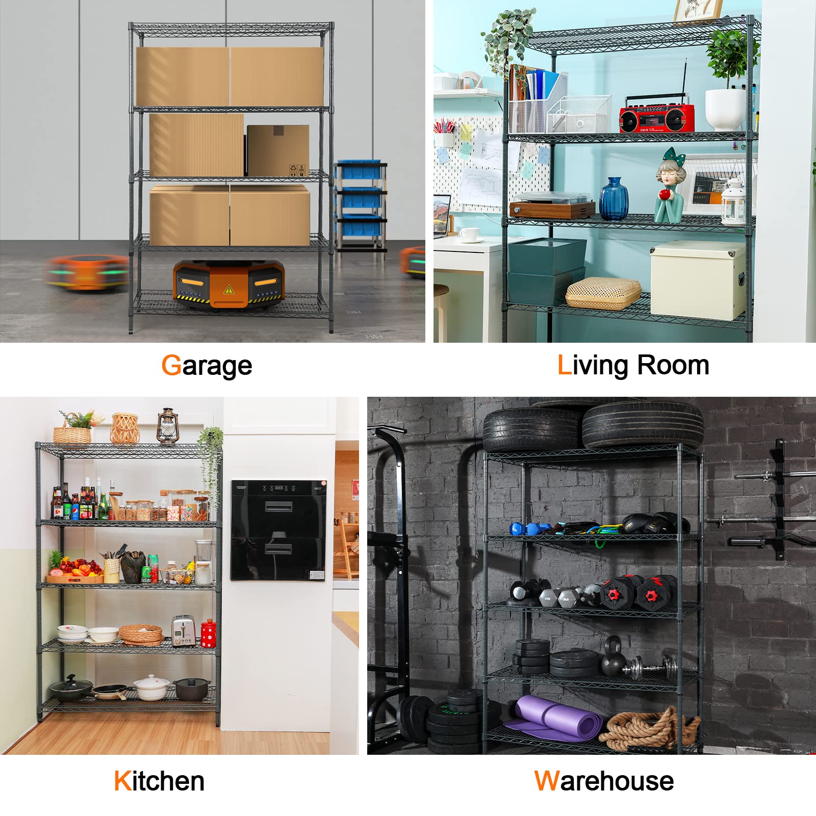 Land Guard 5 Tier Black Storage Racks and Shelving - 48" L x 20" W x 72" H Heavy Steel Material Pantry Shelves - Each Unit Loads 350 Pounds Wire Shelf, Suitable for Warehouses, Closets, Kitchens……