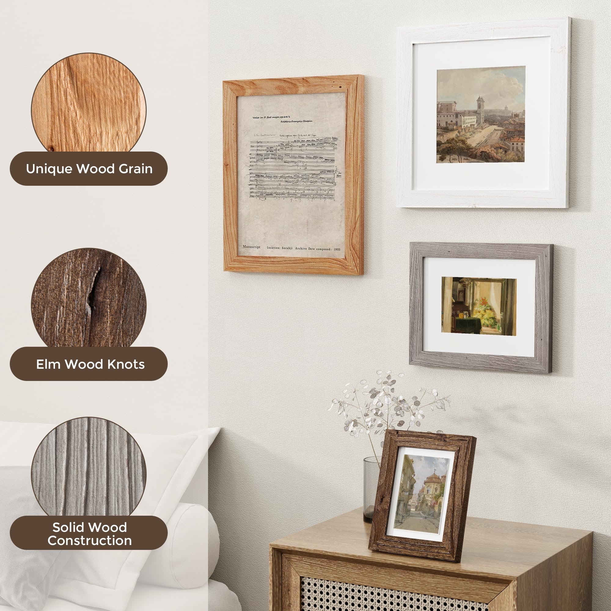 Fun Memories 5x7 Picture Frame with Mat for 4x6 Photo, Solid Elm Wood & Tempered Glass, Rustic Wall & Tabletop Display Frame, Grey, 1 Pack