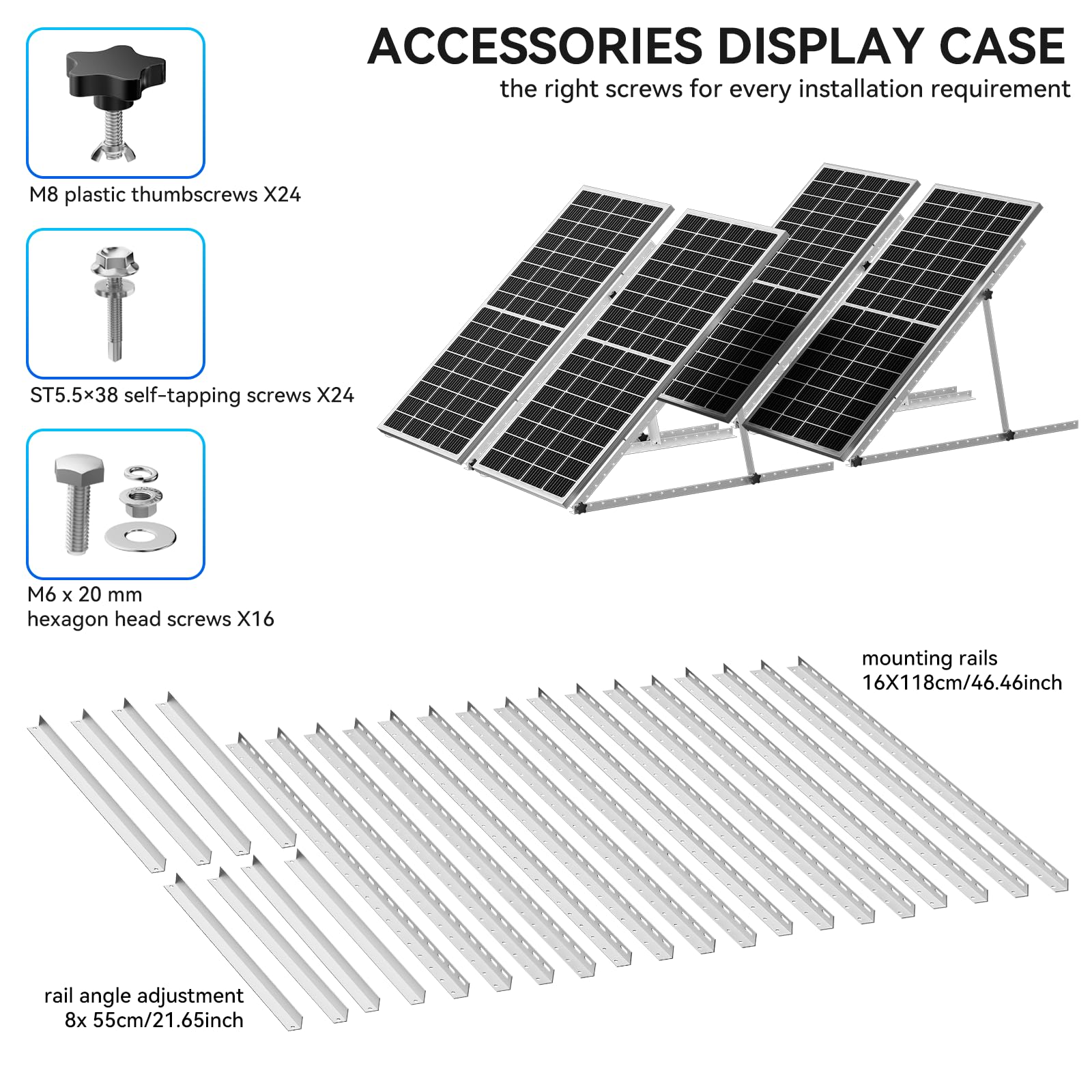 Upgraded 47in Adjustable Solar Panel Tilt Mount Brackets, Foldable Tilt Legs, Support 100 200 300 400 500 Watt Solar Panels 4-8Pcs, Solar Panel Stand for Roof, Off-Grid, RV and Boat