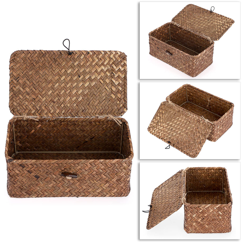 Sumnacon Wicker Basket with Lid Rectangle Woven Baskets for Toiletries Tampon Storage,Wicker Storage Basket with Lid,Decorative Seagrass Storage Baskets for Shelf Bathroom Toilet Table, Caramel