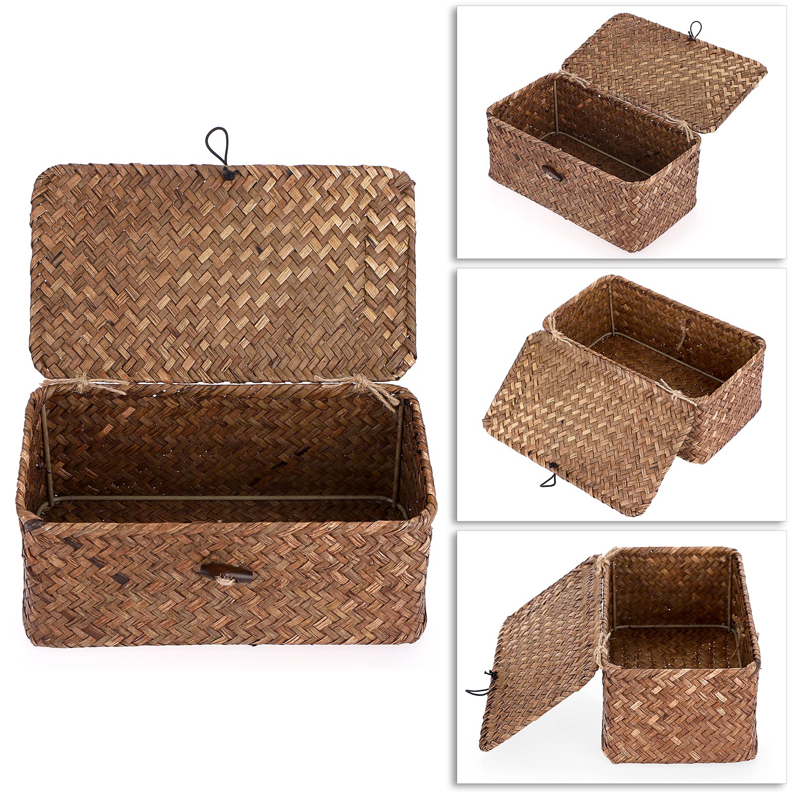 Sumnacon Wicker Basket with Lid Rectangle Woven Baskets for Toiletries Tampon Storage,Wicker Storage Basket with Lid,Decorative Seagrass Storage Baskets for Shelf Bathroom Toilet Table, Caramel