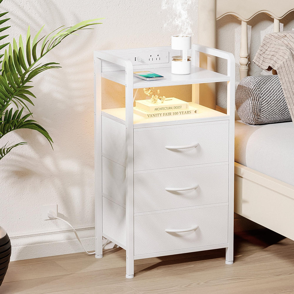 Lazzanto Night Stand Bedside Charger Bedroom - Nightstand with Charging Station & LED Light Strip, Night Stand with Storage Shelf & 2 Fabric Drawers, Morden End Table with U-S-B Ports & AC Outlets
