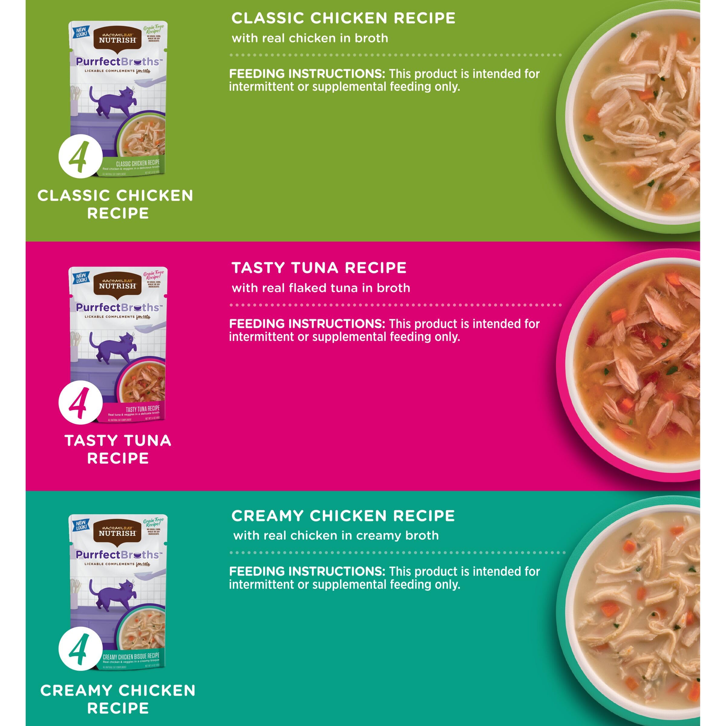 Nutrish Rachael Ray Purrfect Broths Classic Chicken Recipe, Lickable Complements for Cats, 1.4 oz. Pouch, 24 Count