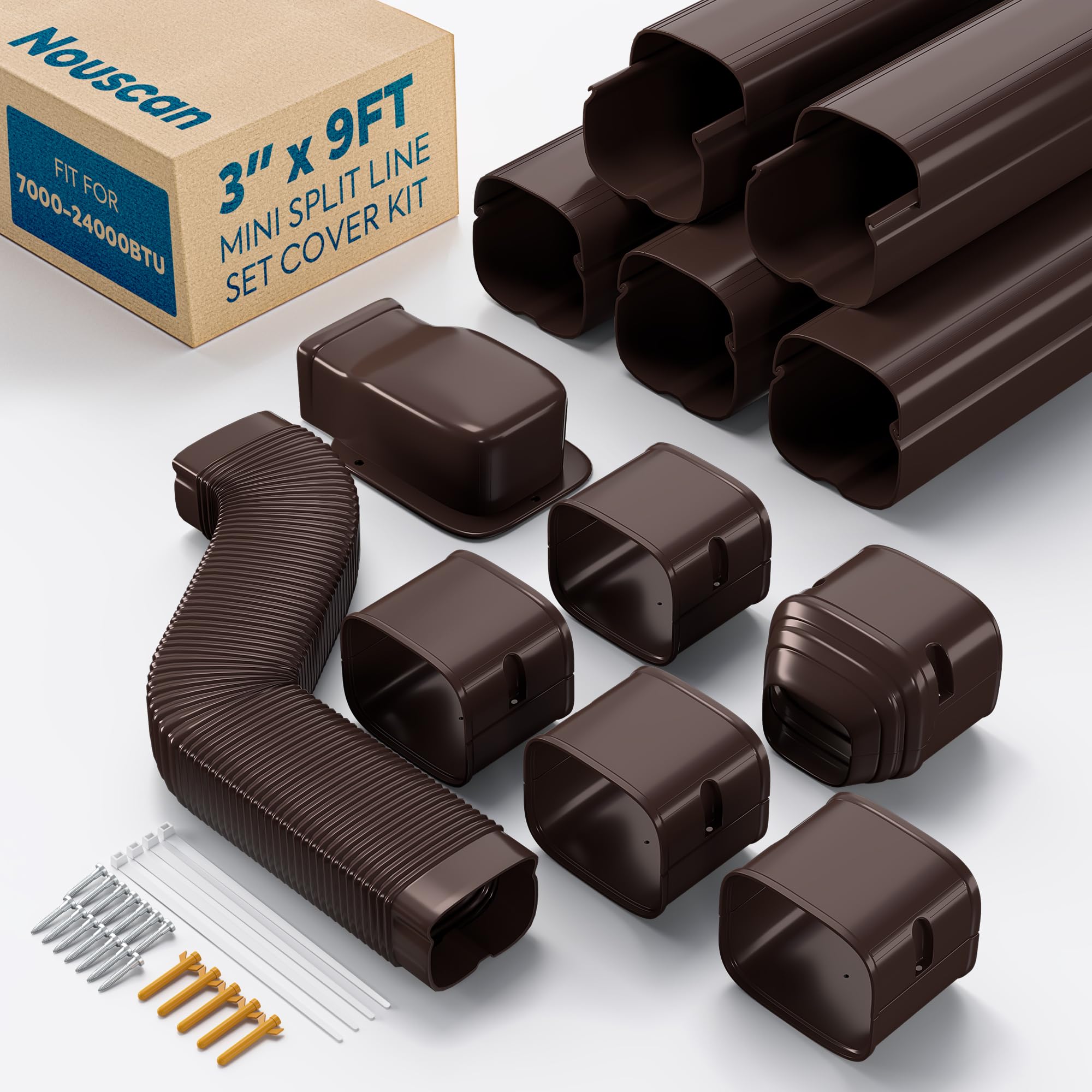 3'' x 9Ft Mini Split Line Set Cover with Flexible Duct, Upgrade PP Decorative Minisplit Lineset Cover Kit, Line Hide for Mini Split, Air Conditioner, Central AC, HVAC and Heat Pumps, Brown