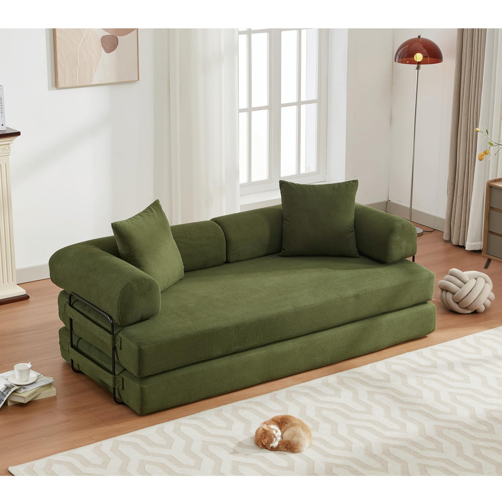 ZEIINPA 59“ Convertible Floor Sofa Bed, 5-in-1 Futon Sofa Bed Pull Out Sleeper Couch, Modern Corduroy Compressed Loveseat, Modular Boneless Couches for Living Room, No Assembly Required, Beige