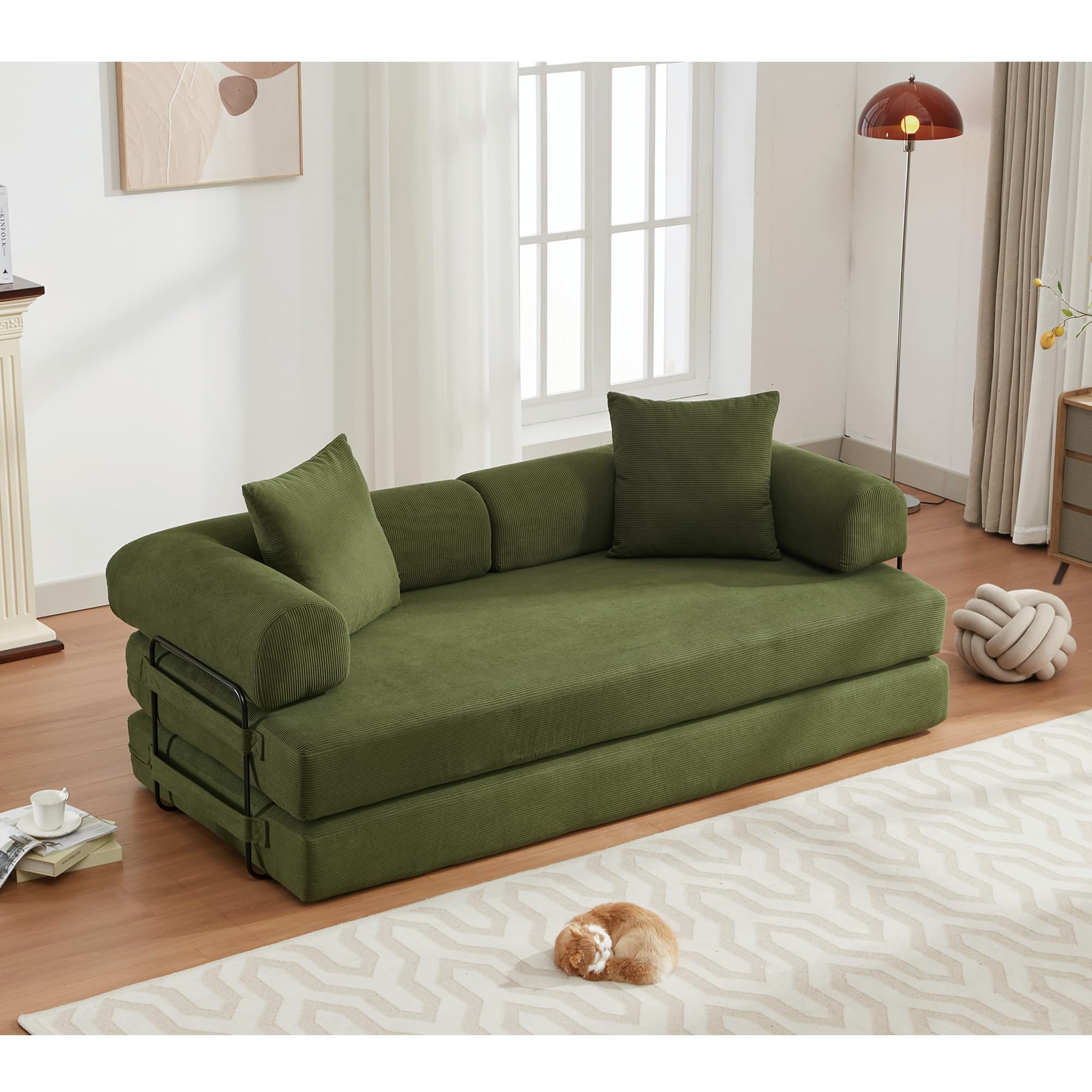 ZEIINPA 59“ Convertible Floor Sofa Bed, 5-in-1 Futon Sofa Bed Pull Out Sleeper Couch, Modern Corduroy Compressed Loveseat, Modular Boneless Couches for Living Room, No Assembly Required, Beige