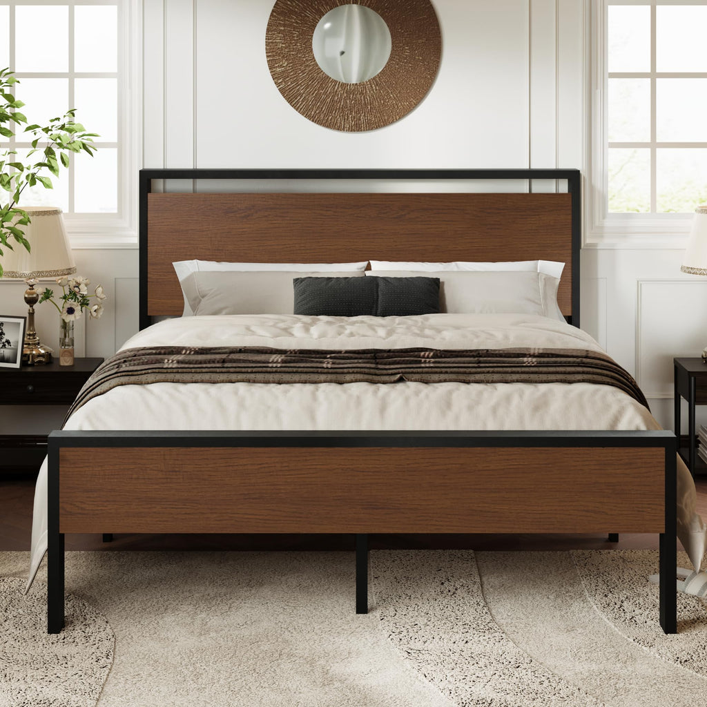 Allewie Twin Size Platform Bed Frame with Wooden Headboard and Footboard, Heavy Duty Metal Slats Support, No Box Spring Needed, Under-Bed Storage, Noise Free, Easy Assembly, Black Oak