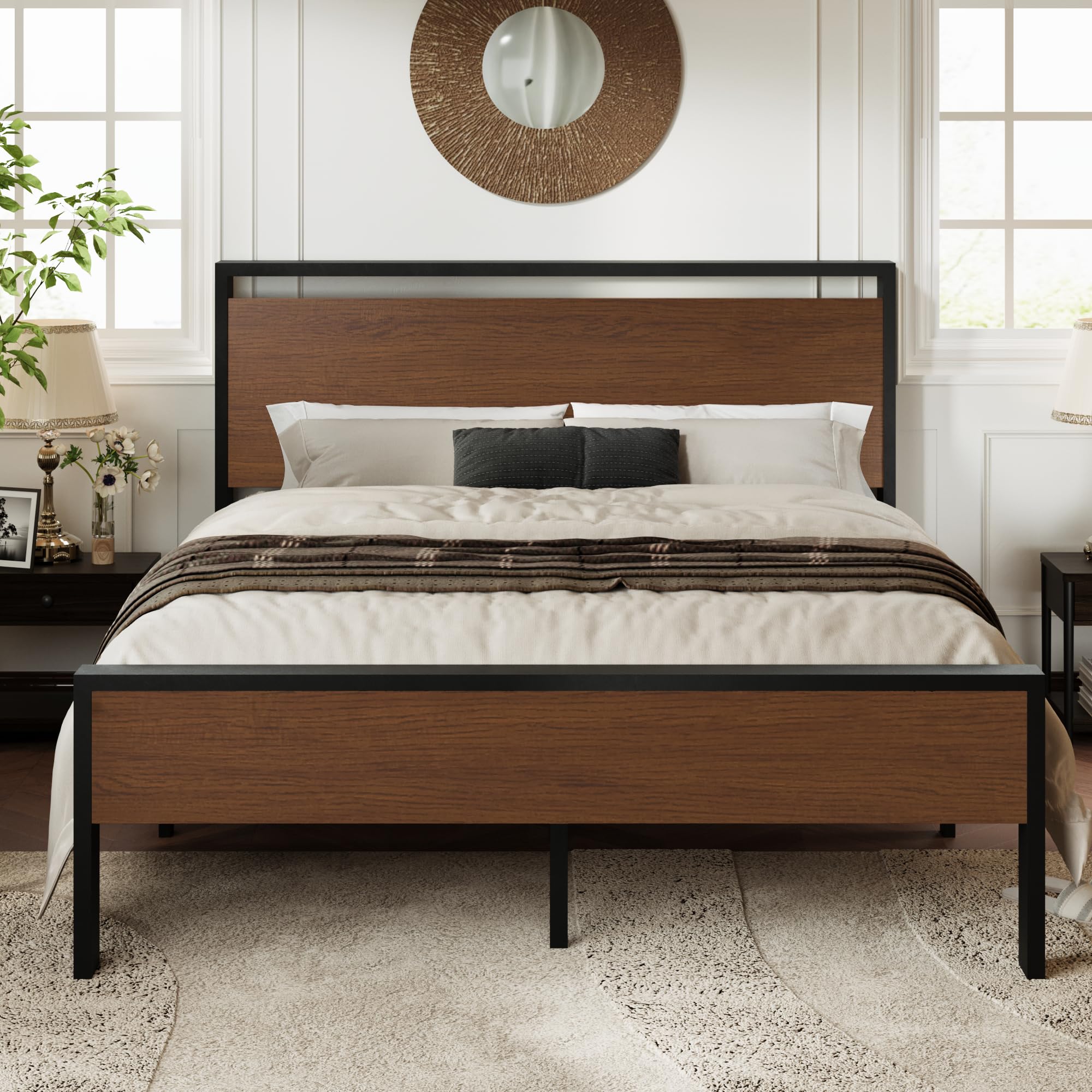 Allewie Twin Size Platform Bed Frame with Wooden Headboard and Footboard, Heavy Duty Metal Slats Support, No Box Spring Needed, Under-Bed Storage, Noise Free, Easy Assembly, Black Oak
