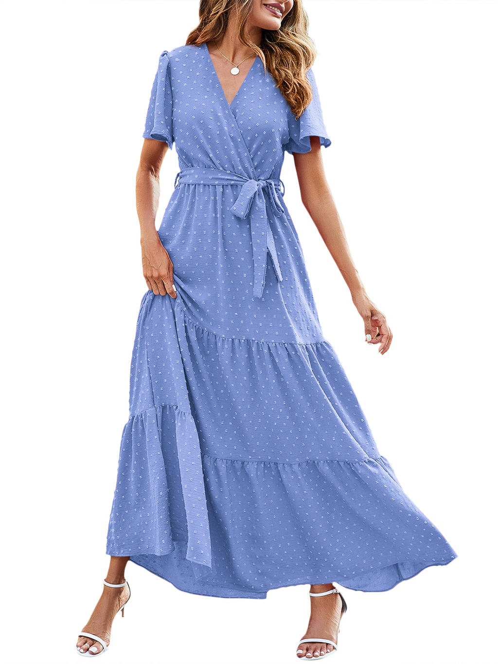MASCOMODA Womens Summer Swiss Dot Maxi Dresses Wrap V Neck Flutter Short Sleeve Boho Casual Flowy Long Wedding Guest Dress