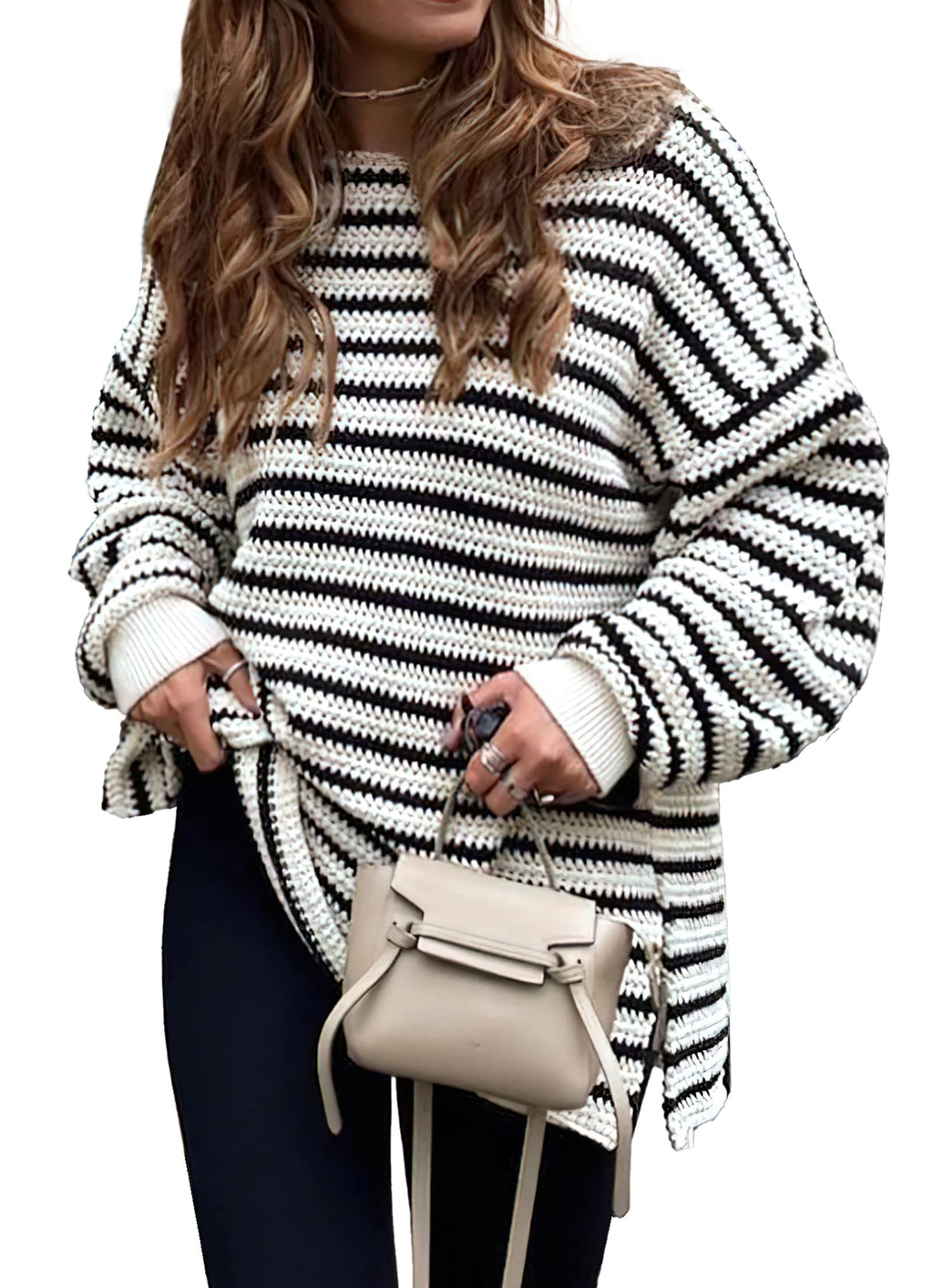 KIRUNDO Women's 2026 Fall Winter Oversized Long Sleeve Striped Sweater Casual Crewneck Side Split Pullover Knit Tops