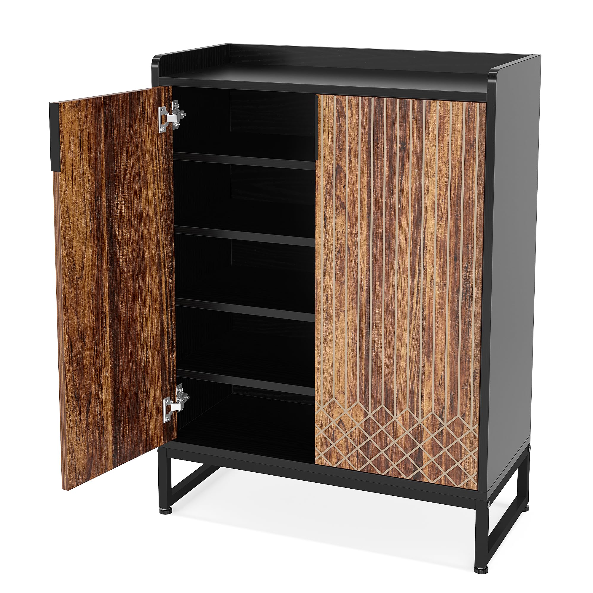 Tribesigns Modern Shoe Cabinet for Entryway, 25 Pairs Shoe Cabinet with Doors, Wood 5-Tier Shoe Organizer, Freestanding Brown Shoe Storage Cabinets with Black Metal Frame for Bedroom Living Room