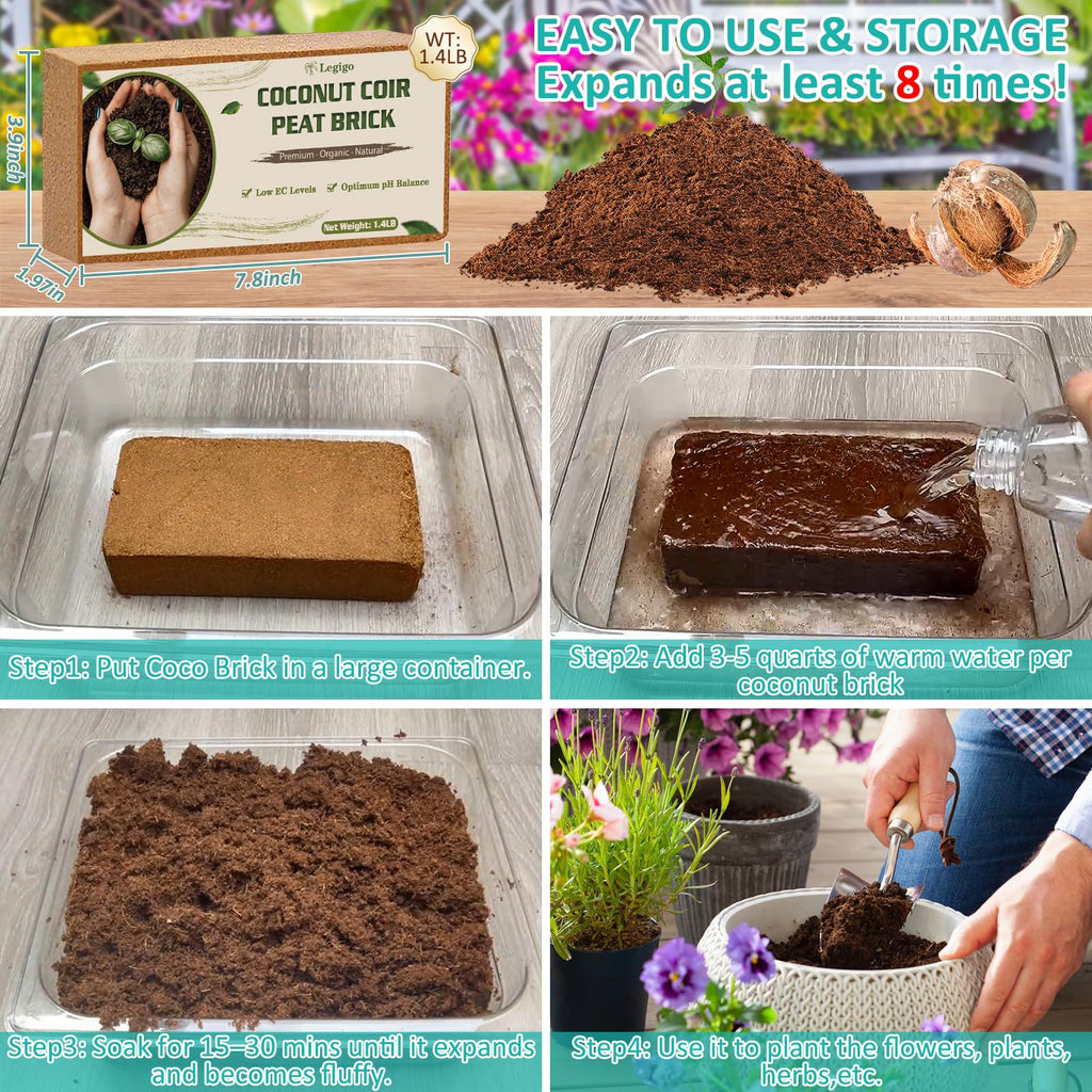 Legigo 2 Pack Premium Coco Coir Brick for Plants- 100% Organic Compressed Coconut Coir Bricks Starting Mix, Coco Coir Fiber Coconut Husk for Planting, Gardening, Potting Soil Substrate, Herbs