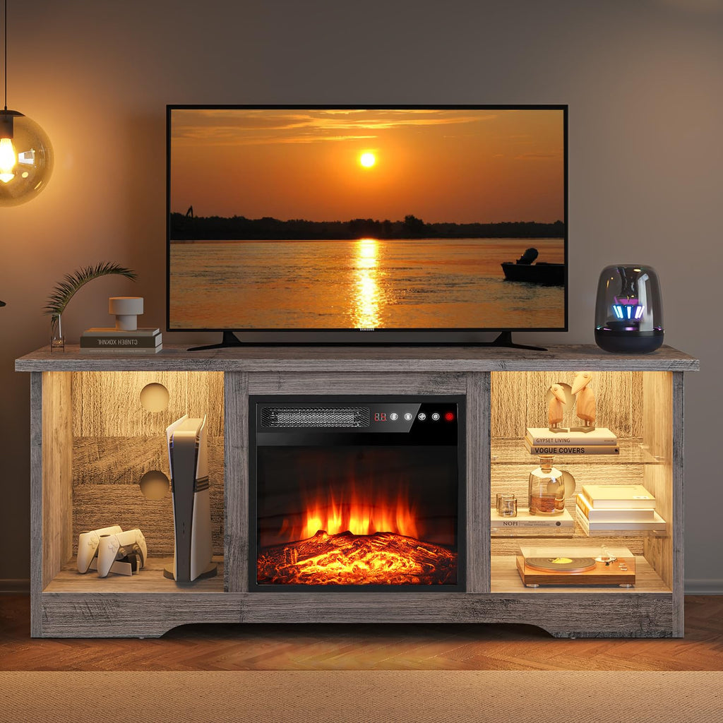 VITESSE 58 Inches Fireplace TV Stand for TVs up to 65 Inches Console with 18'' Electric Fireplace & Remote,Wooden Modern Entertainment Center for Living Room with LED Light Glass Shelves（Bei）