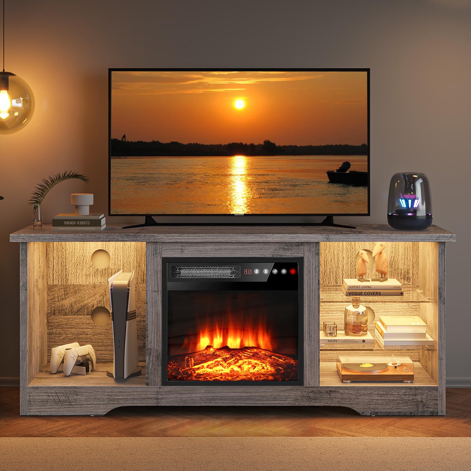 VITESSE 58 Inches Fireplace TV Stand for TVs up to 65 Inches Console with 18'' Electric Fireplace & Remote,Wooden Modern Entertainment Center for Living Room with LED Light Glass Shelves（Bei）