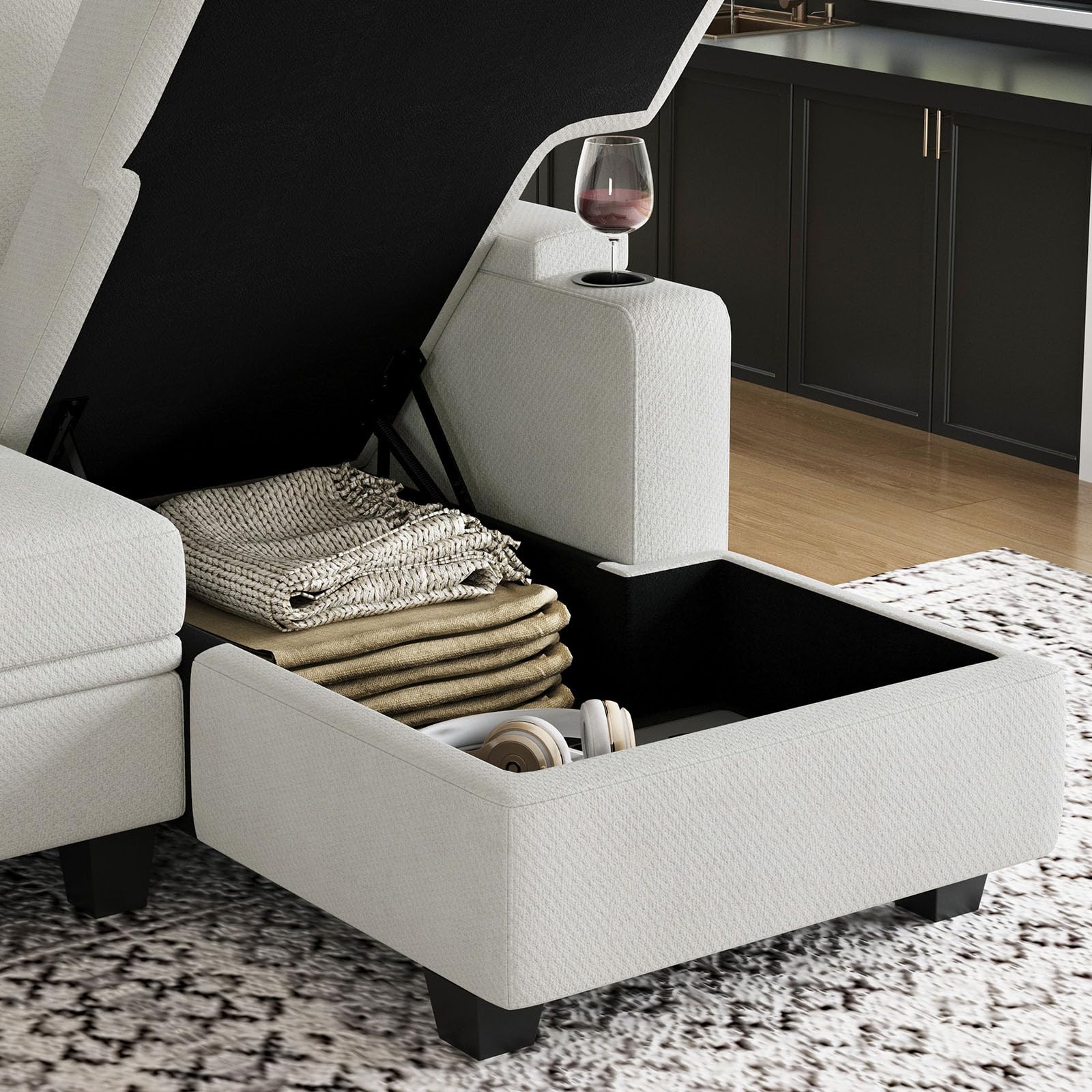 Belffin Modular Sectional Sleeper Sofa Bed with Storage Chaise L Shaped Sectional Couches for Living Room Armrest with Cup Holder. White Couch