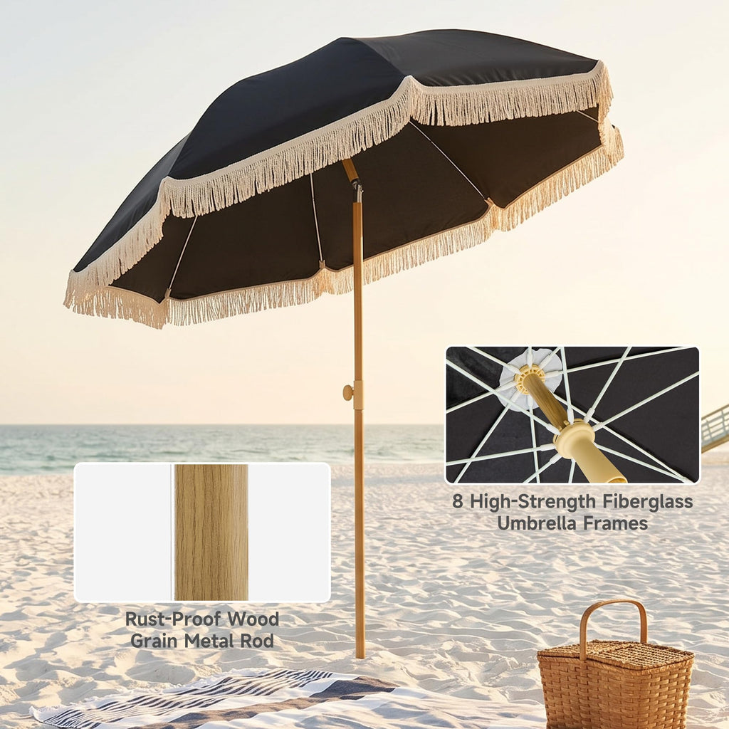 6.5FT Boho Patio Umberlla with Fringe,UPF50+ Outdoor Umbrella with Fiberglass Ribs and Push Button Tilt,Tassels Umbrella for Beach,Terrace,Picnic