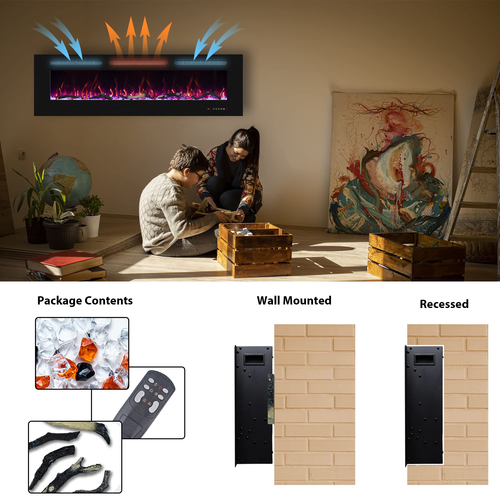 Electric Fireplace 30 inch Wide, Wall Mounted Fireplace Inserts Electric Heater, 13 * 13 Flame Effects Like Real Flame, Low Noise, Timer & Thermostat Setting, 750W/1500W, Black