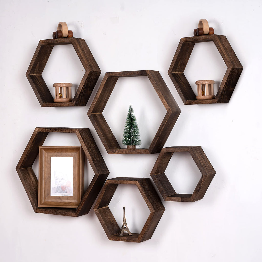 WONFUlity Hexagon Shelves for Wall Mounted, Wood Farmhouse Storage Honeycomb Floating Shelves for Wall Decor,Screws Anchors Included,5pc