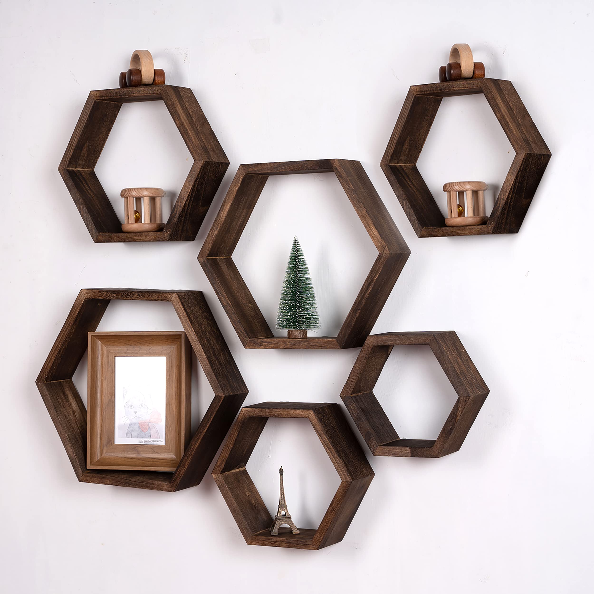 WONFUlity Hexagon Shelves for Wall Mounted, Wood Farmhouse Storage Honeycomb Floating Shelves for Wall Decor,Screws Anchors Included,5pc