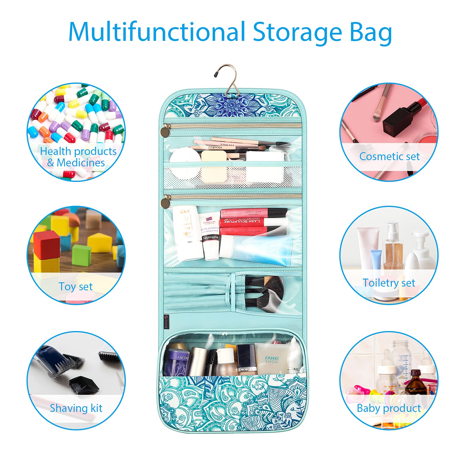 FINTIE Portable Toiletry Cosmetic Travel Bag, Large Water Resistant Hanging Makeup Organizer Storage Pouch Case for Women Girls (Blooming Hibiscus)