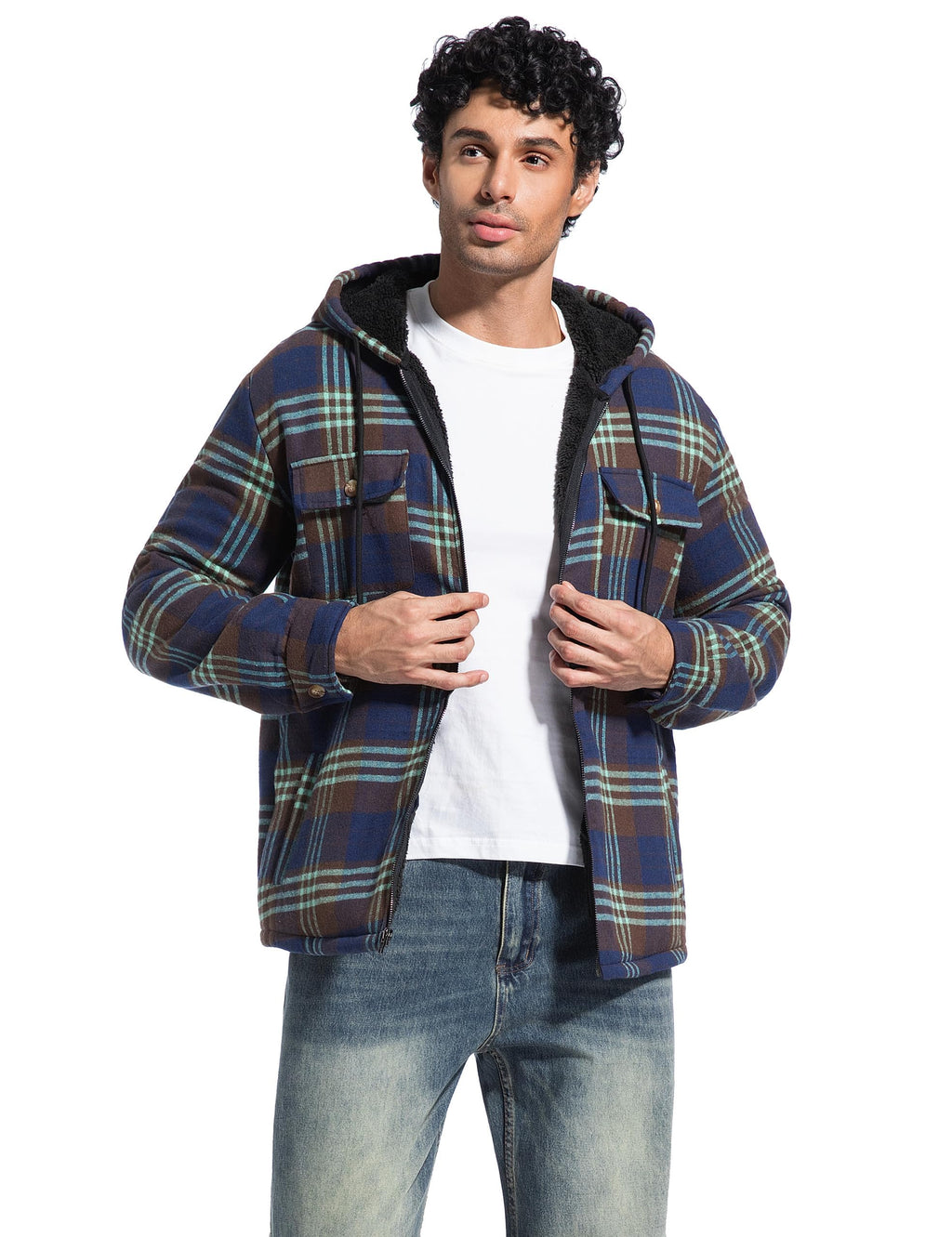 Men's Flannel Plaid Hooded Jackets Full Zip Sherpa Fleece Lined Hoodies Fashion Warm Coat
