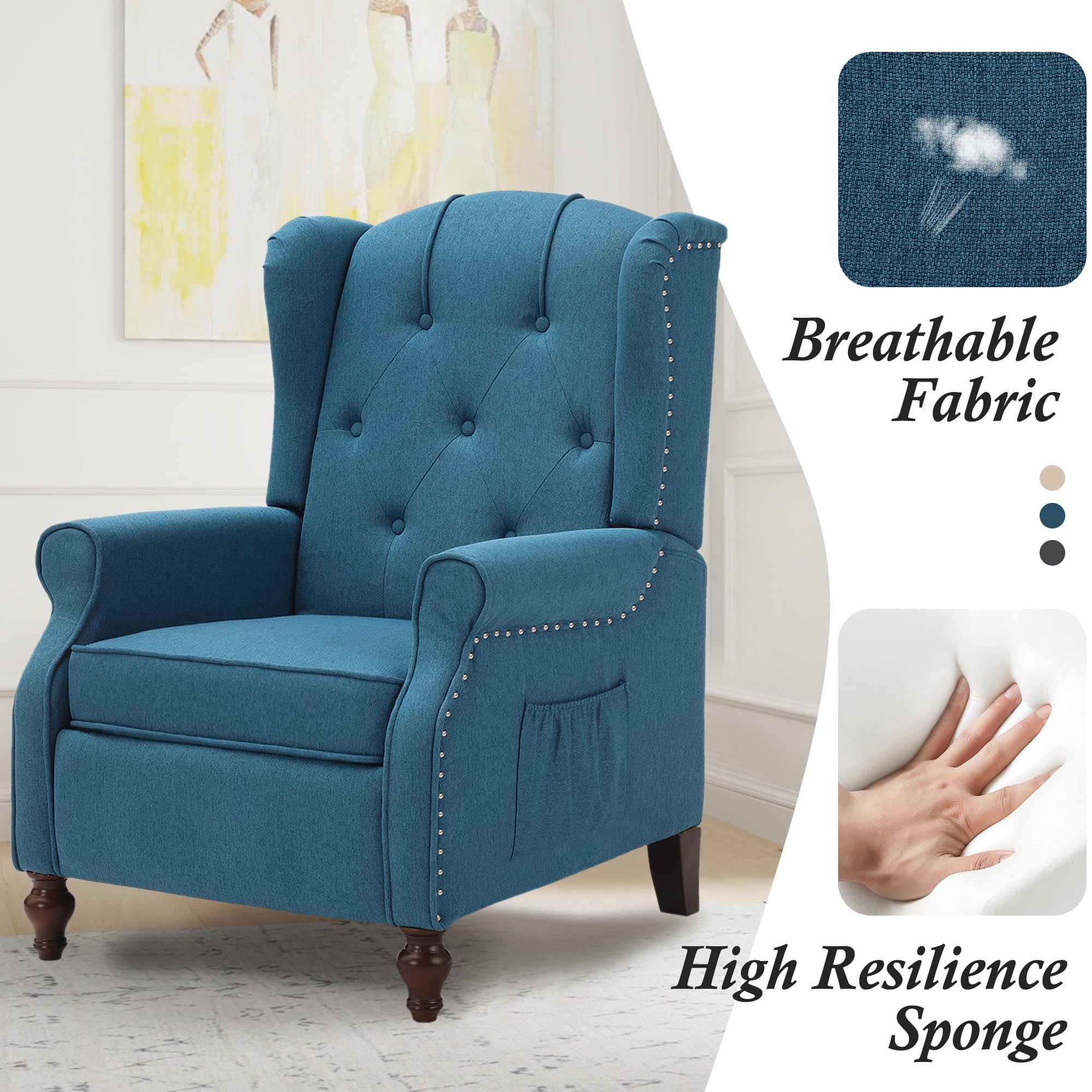 Wingback Chair with Massage and Heat, Tufted Fabric Pushback Recliner Chair, Wingback Recliner Chair with Remote Control, Padded Cushion, Wooden Legs, Small Recliners for Small Spaces