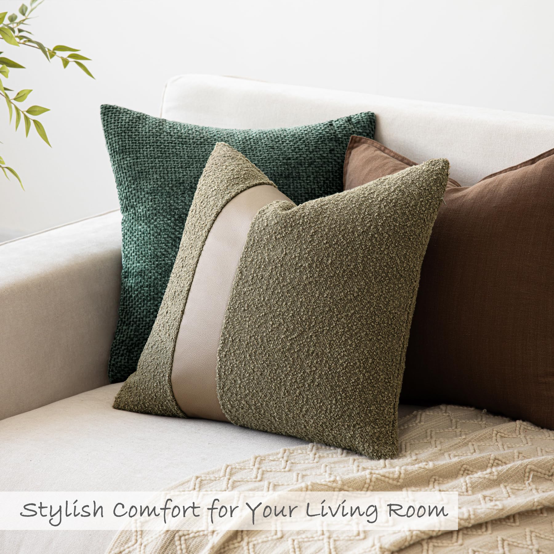 18"x18" Charcoal Black Boucle Throw Pillow Covers with Faux Leather Accents Set of 2 Fluffy Textured Decorative Pillow Cases for Couch Bed Boho Farmhouse Square Cushion Covers for Nordic Home