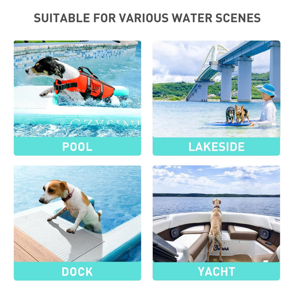 Inflatable Large Dog Water Ramp Float Floating Ramp-Swimming Pets Up to 200 Pounds Large Dogs-Inflatable Stairs for Boats, Docks, with Pump/Rope/Repair Kit - PVC Anti-Slip Fabric (Black)
