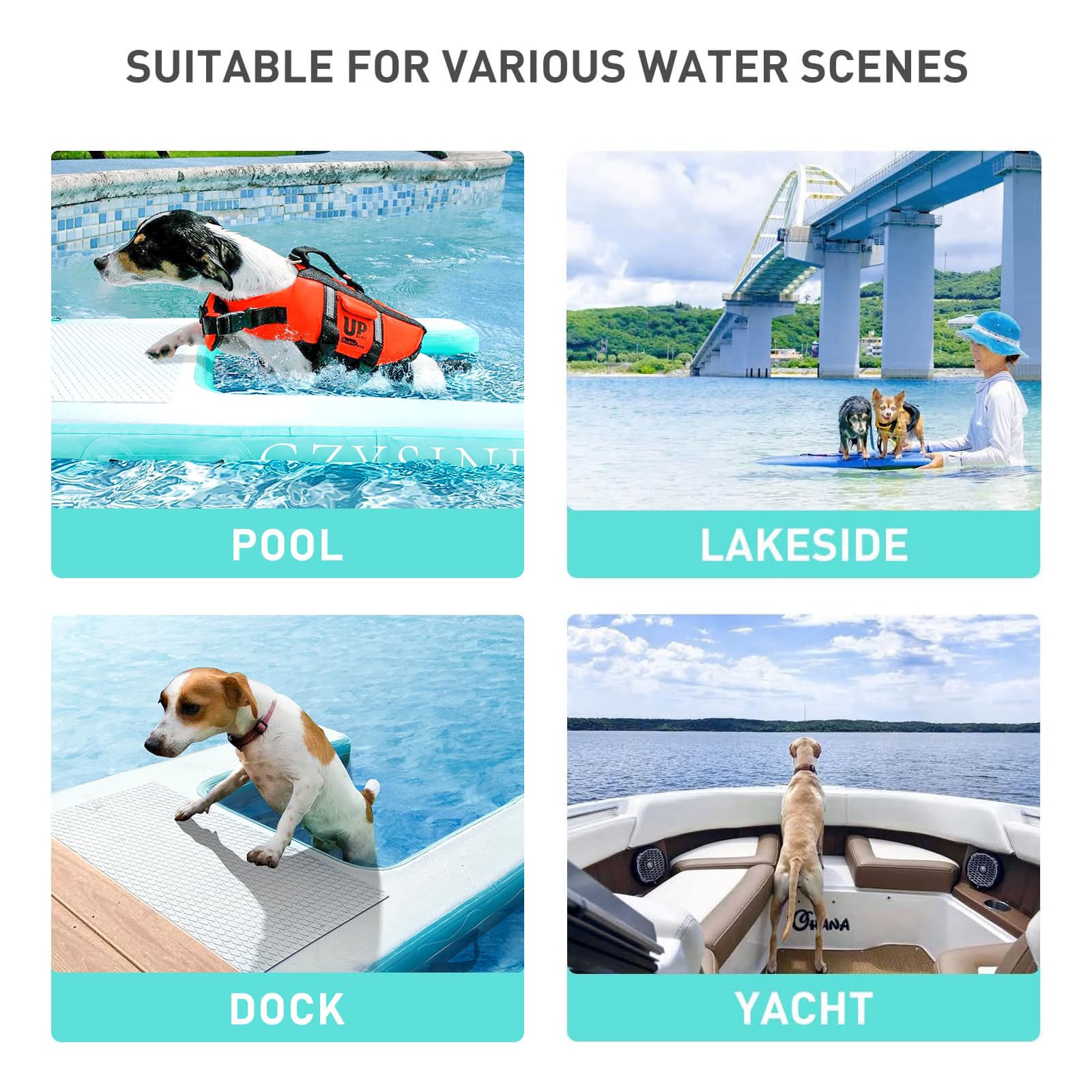 Inflatable Large Dog Water Ramp Float Floating Ramp-Swimming Pets Up to 200 Pounds Large Dogs-Inflatable Stairs for Boats, Docks, with Pump/Rope/Repair Kit - PVC Anti-Slip Fabric (Black)