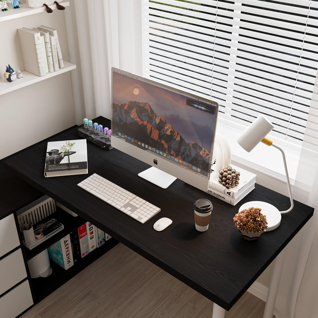 Bobve L Shaped Computer Desk, 47 Inch Home Office Desk with File Drawers & Storage Shelves, Small Corner Computer Desk for Small Space (Black + White)