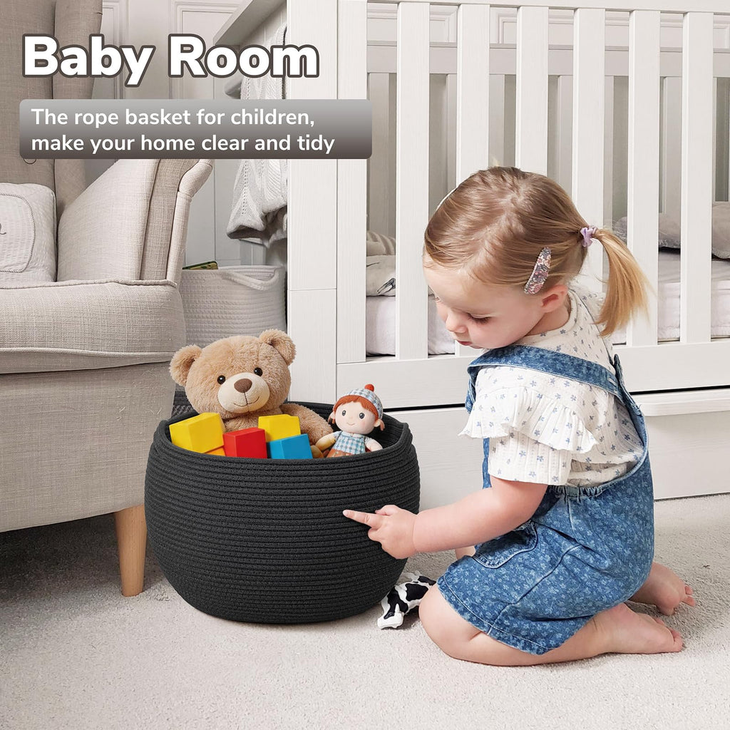 Goodpick Small Rope Storage Basket, Black Round Baskets for Socks, Dog Toys, Towels, Cute Baby Basket for Living Room, Bedroom, Nursery, Towel Baskets for Bathroom, 10 x 8.3 inches