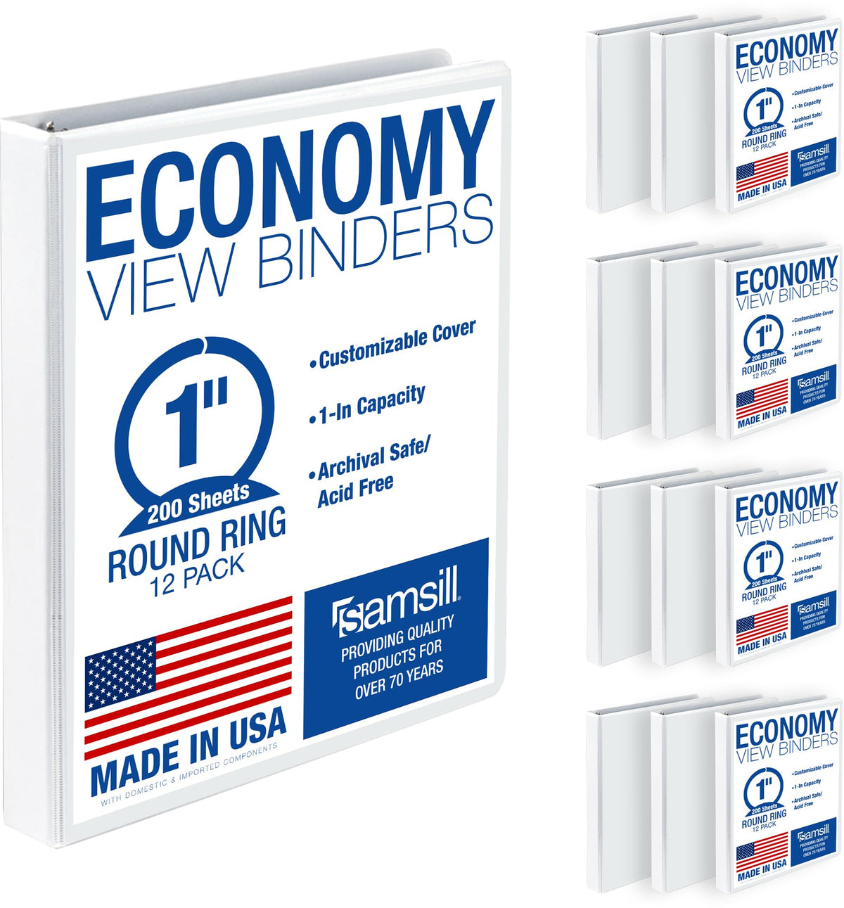 Samsill 1 Inch 3 Ring Binders, Economy Round Ring, Clear View Cover, 200 Sheet Capacity - for School, Home, Office - Blue, 4 Pack