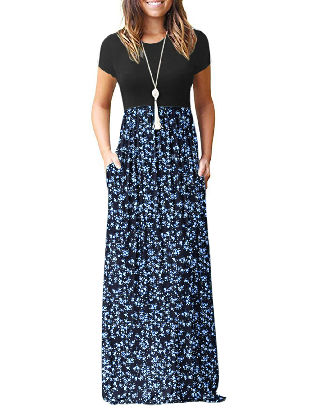 MISFAY Women Short Sleeve Loose Plain Maxi Dresses Casual Long Dresses Pockets