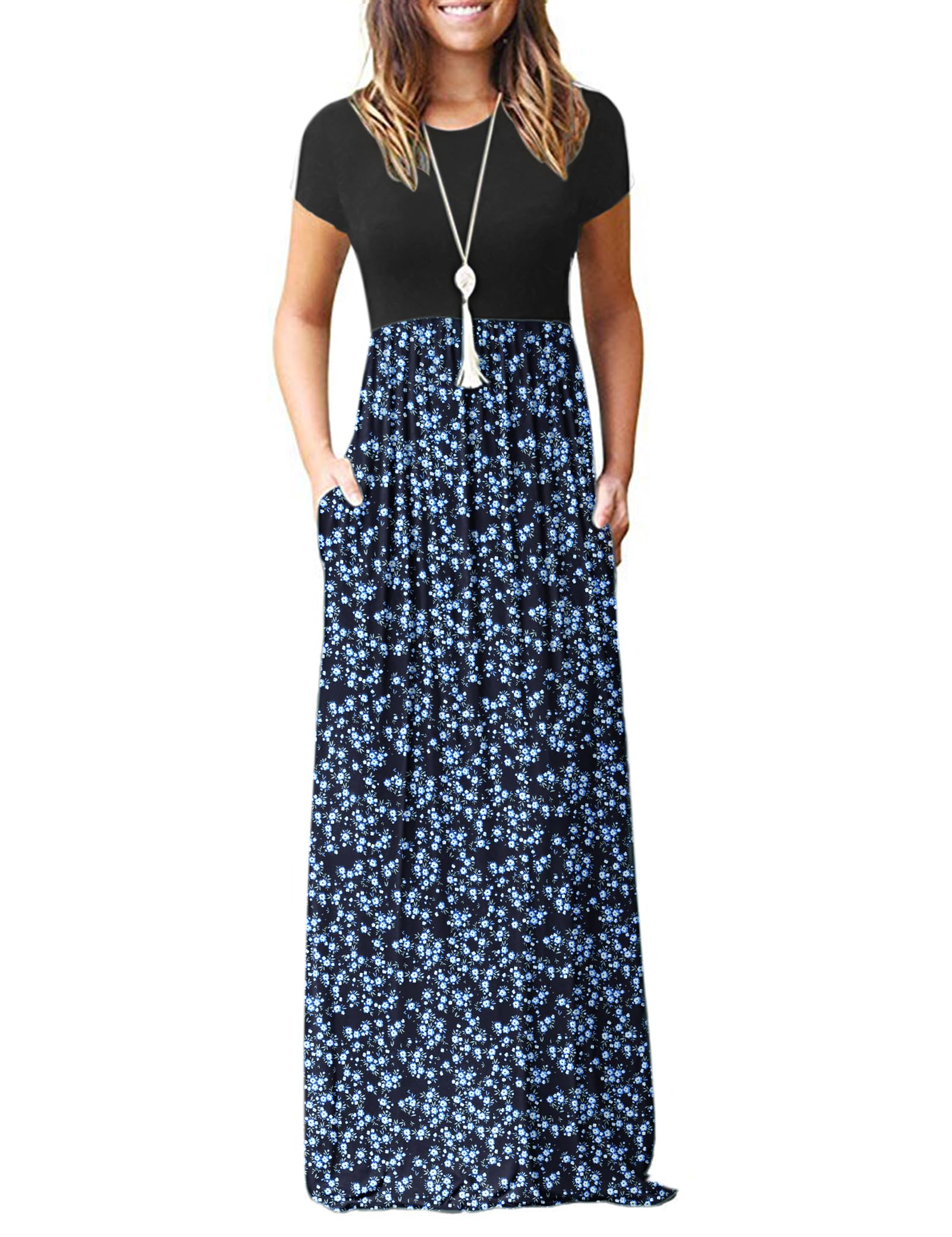 MISFAY Women Short Sleeve Loose Plain Maxi Dresses Casual Long Dresses Pockets