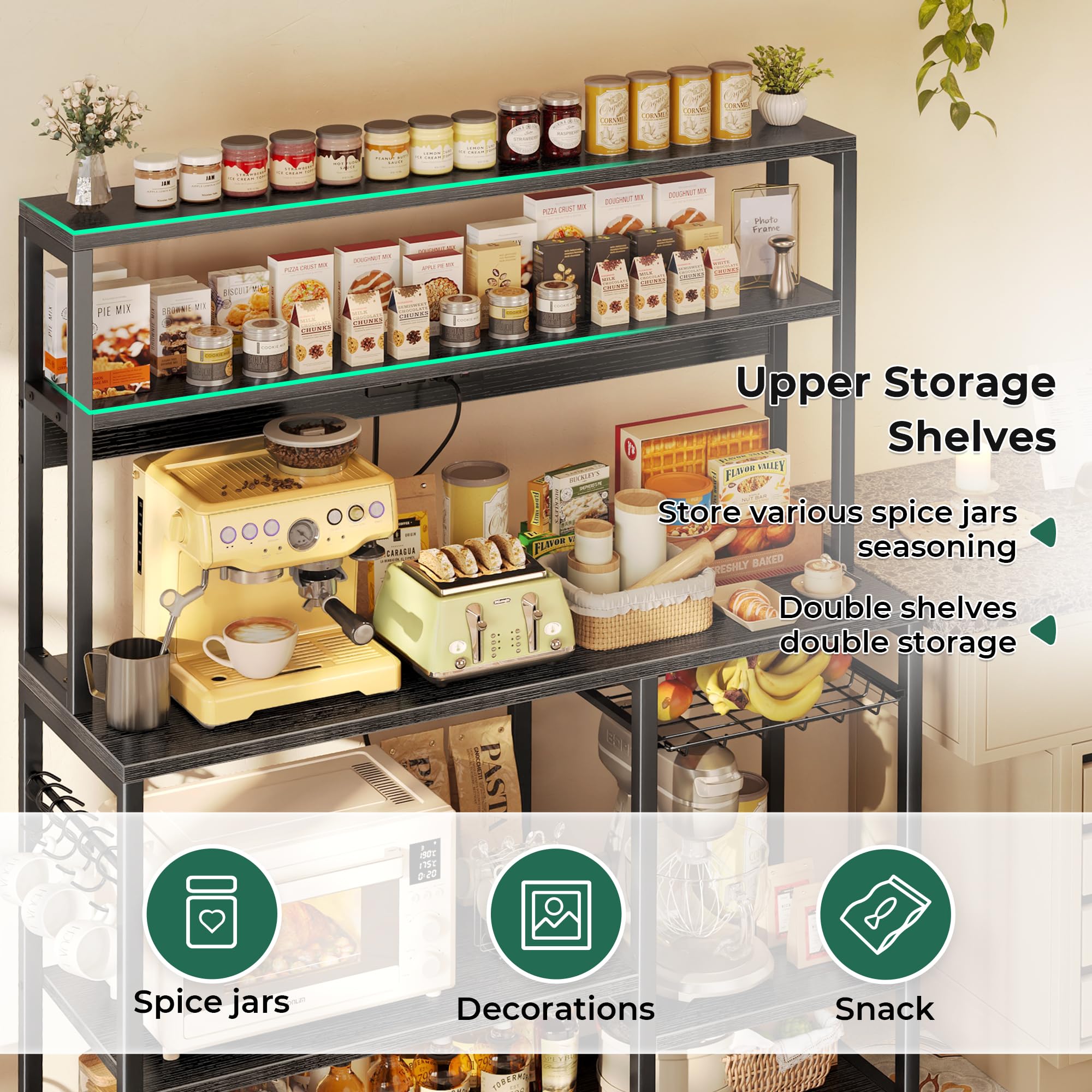 SUPERJARE Bakers Rack with Power Outlet, 35.4 Inches Coffee Bar with Wire Basket, Kitchen Microwave Stand with 6 S-Shaped Hooks, Open Storage Shelves, Black