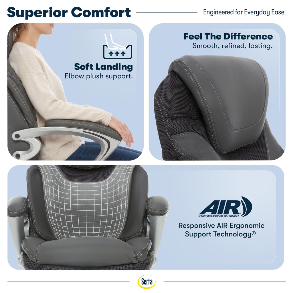Serta Bryce Executive Office Chair - Ergonomic Computer DeskChair with Lumbar Technology - Adjustable Height - Memory Foam Body Pillows - 360° Swivel Rolling Base - Bonded Leather - Black