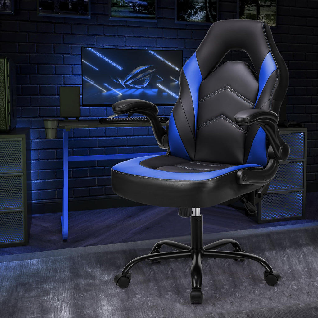OLIXIS Computer Gaming Desk Chair - Ergonomic Video Game with Comfy Lumbar Support and headrest, PU Leather with Flip-up Arms, Adjustable Height and Swivel Wheels, for Adults, Black