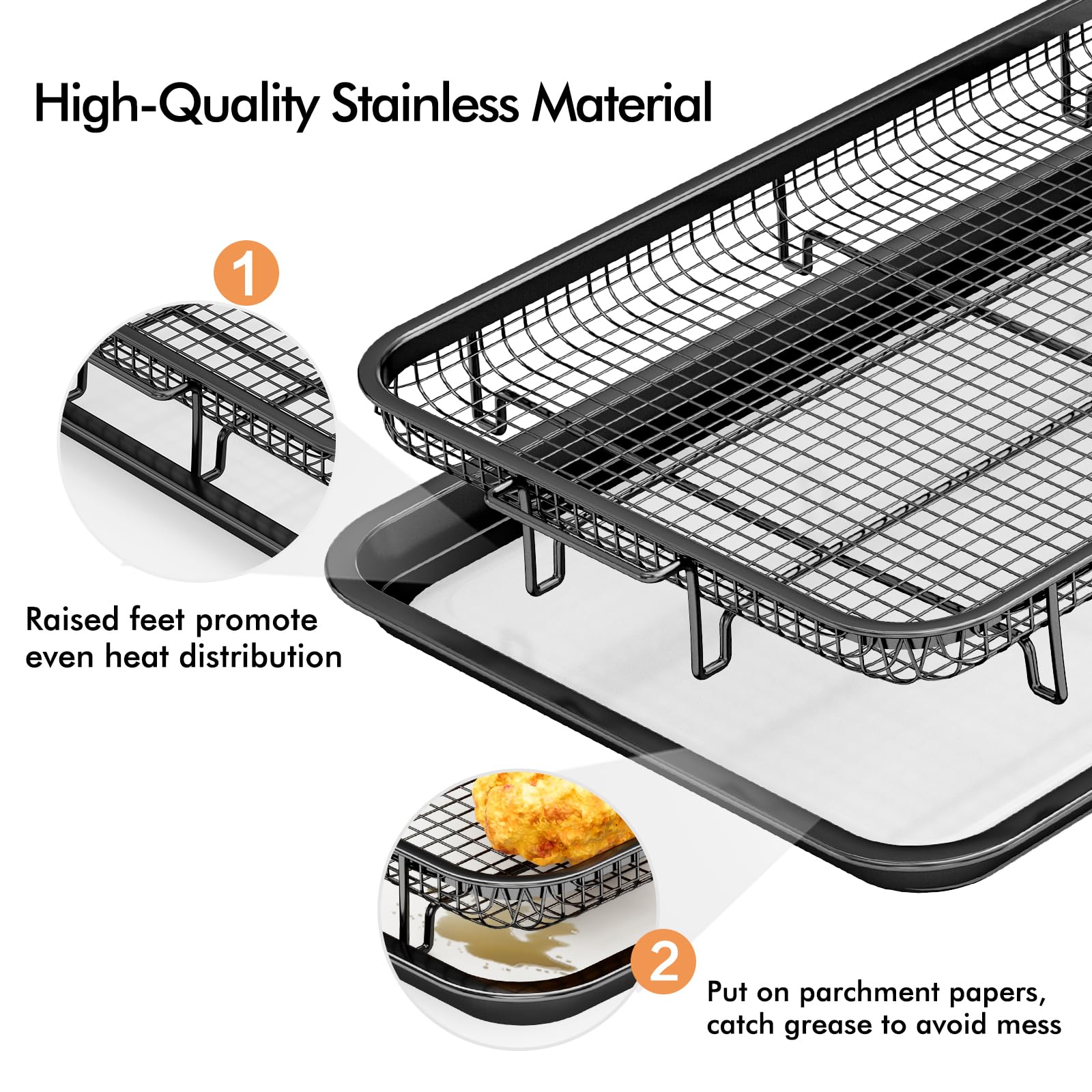 Air Fryer Basket for Oven, Large14.88"×10.98"Air Fryer Pans for Convection Oven with 30 Sheet Parchment Papers, THORSES Non-Stick Stainless Steel Air Fryer Basket and Tray for Multi Cooking - Black