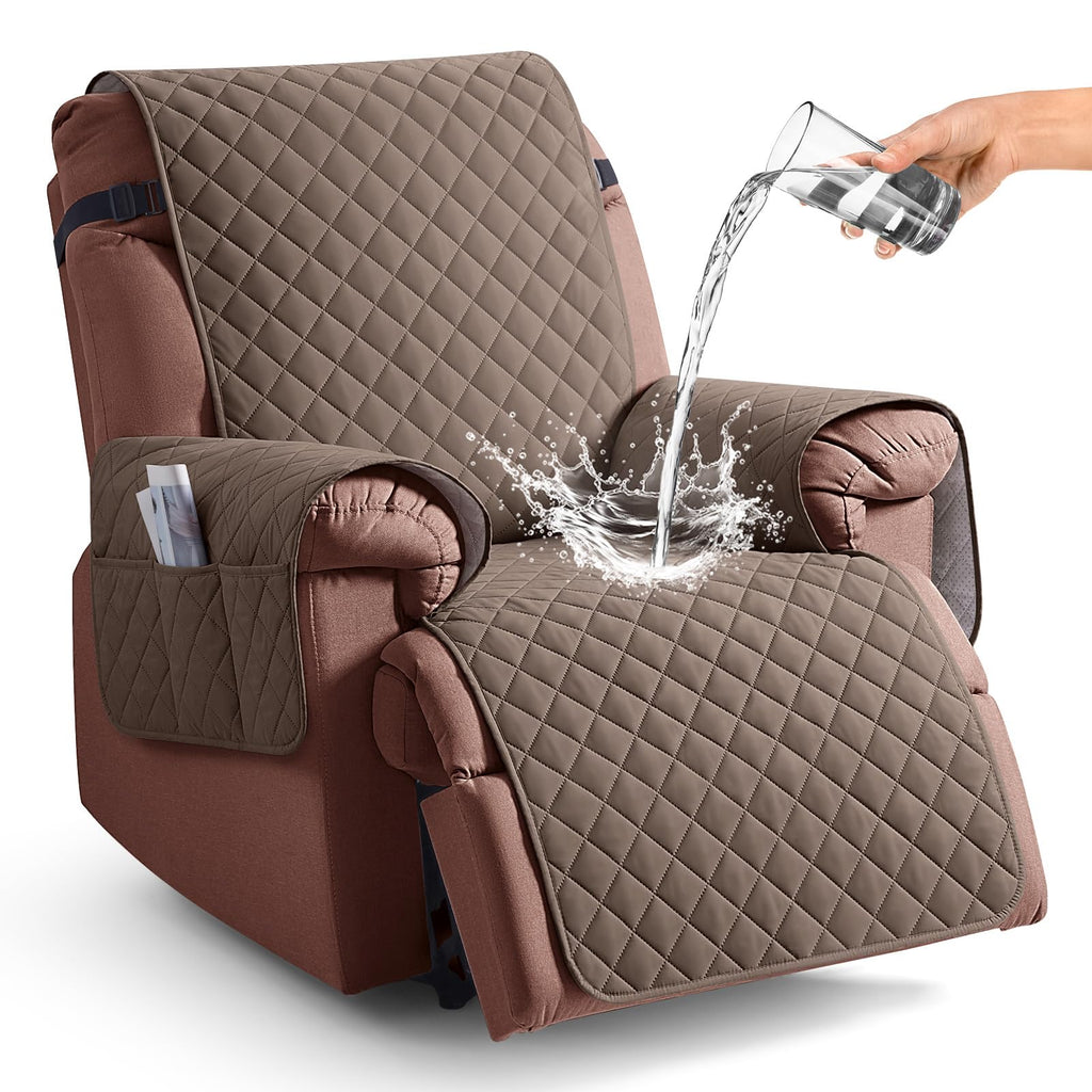 KinCam 100% Waterproof Recliner Chair Cover, Reclining Couch Covers for Pets, Dogs, Recliner Couch Slipcover Furniture Protector with Elastic Straps for Kids(23.6", Beige White)